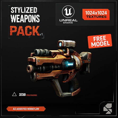 Stylized Weapons Pack v1 - Pistol - UE5 - FREE Sample Free low-poly 3D model