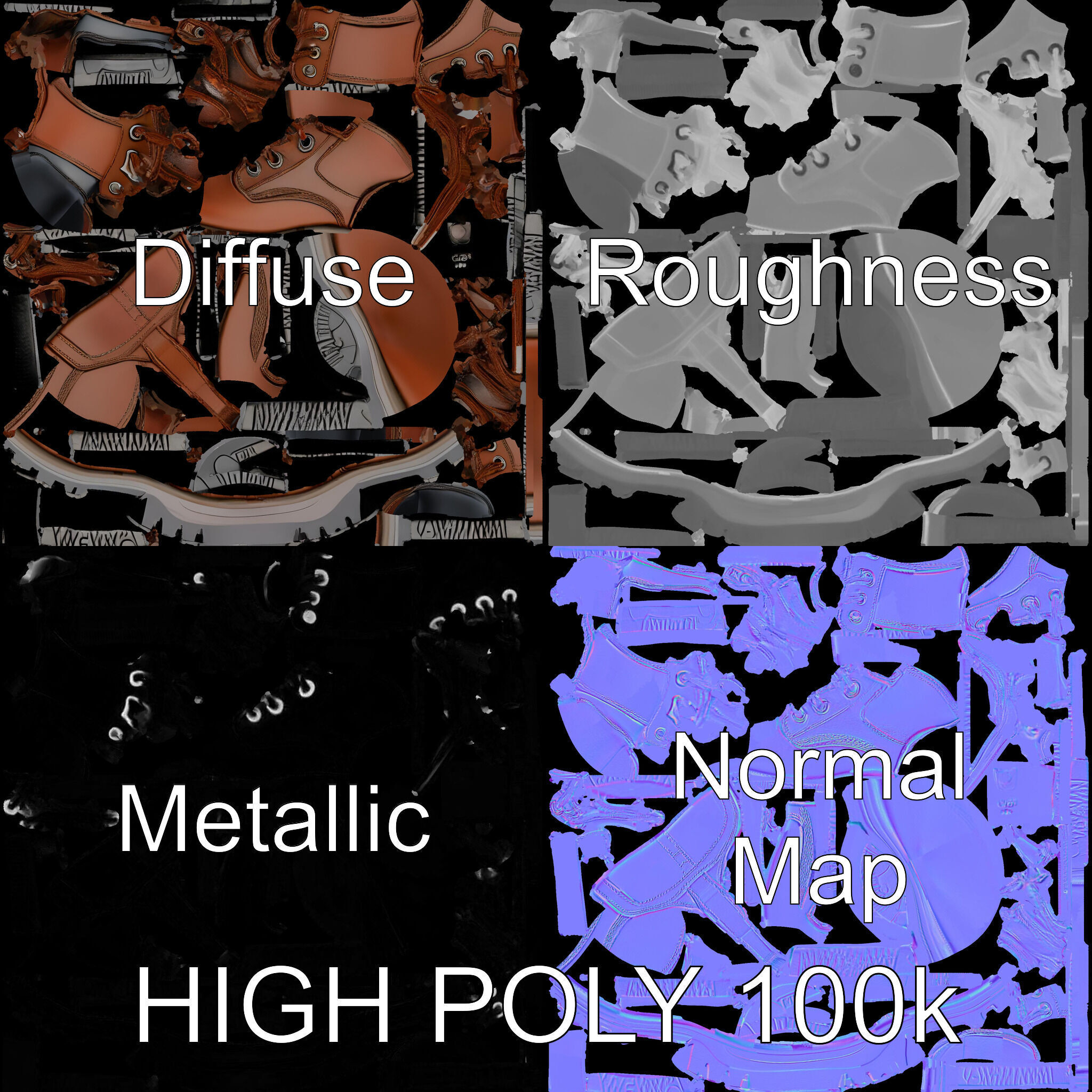 Leather Boot Model Pack with Detailed Textures Low-poly 3D model_3