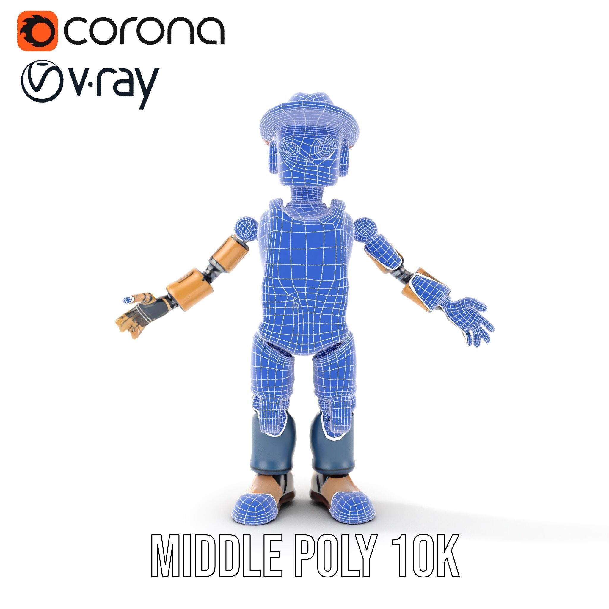 Bronze Overalls Robot with Hat Rigged and Animated Low-poly 3D model_25