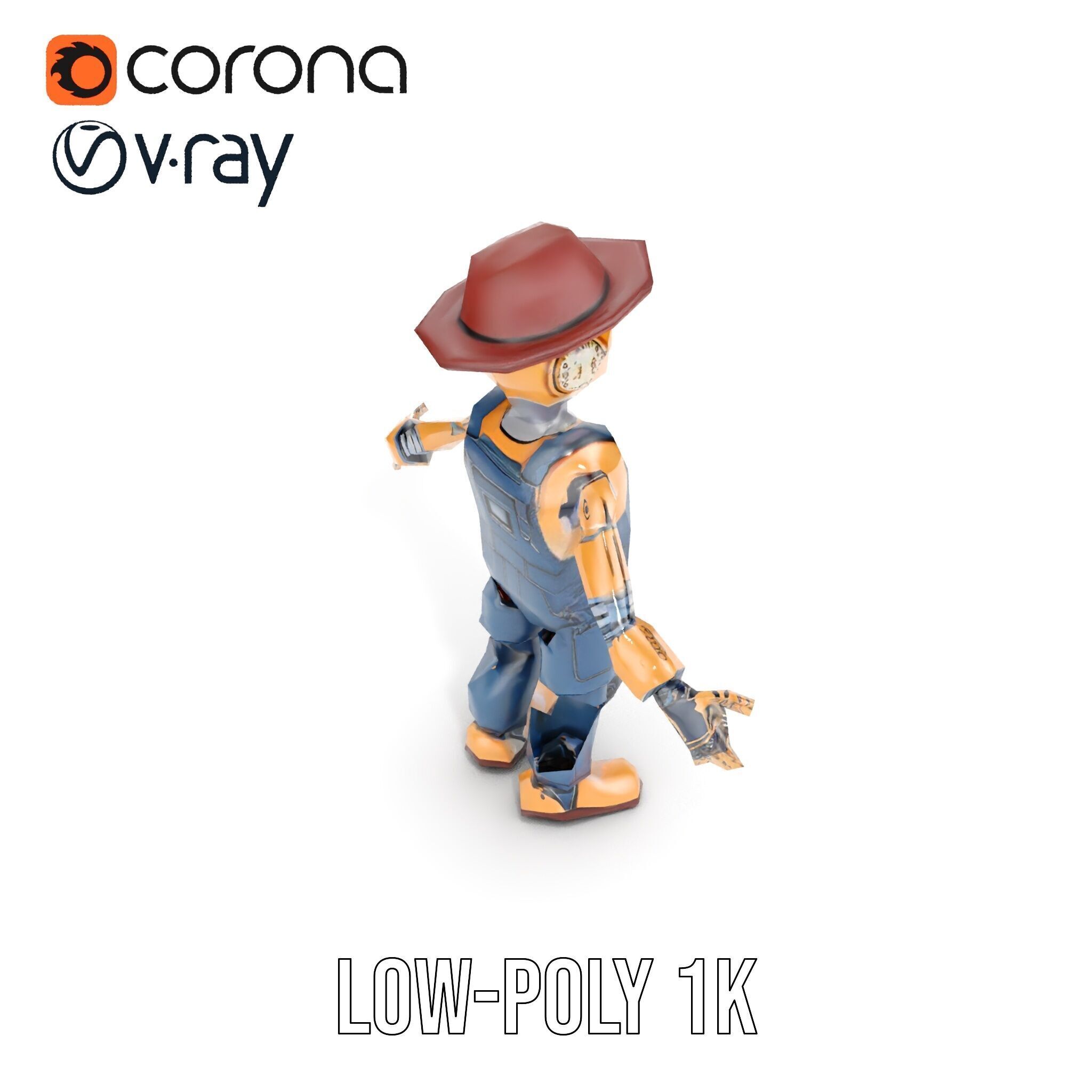 Bronze Overalls Robot with Hat Rigged and Animated Low-poly 3D model_17