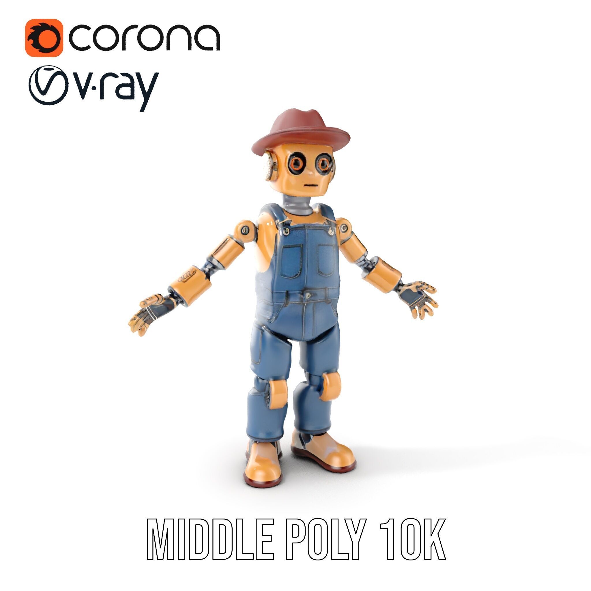 Bronze Overalls Robot with Hat Rigged and Animated Low-poly 3D model_10