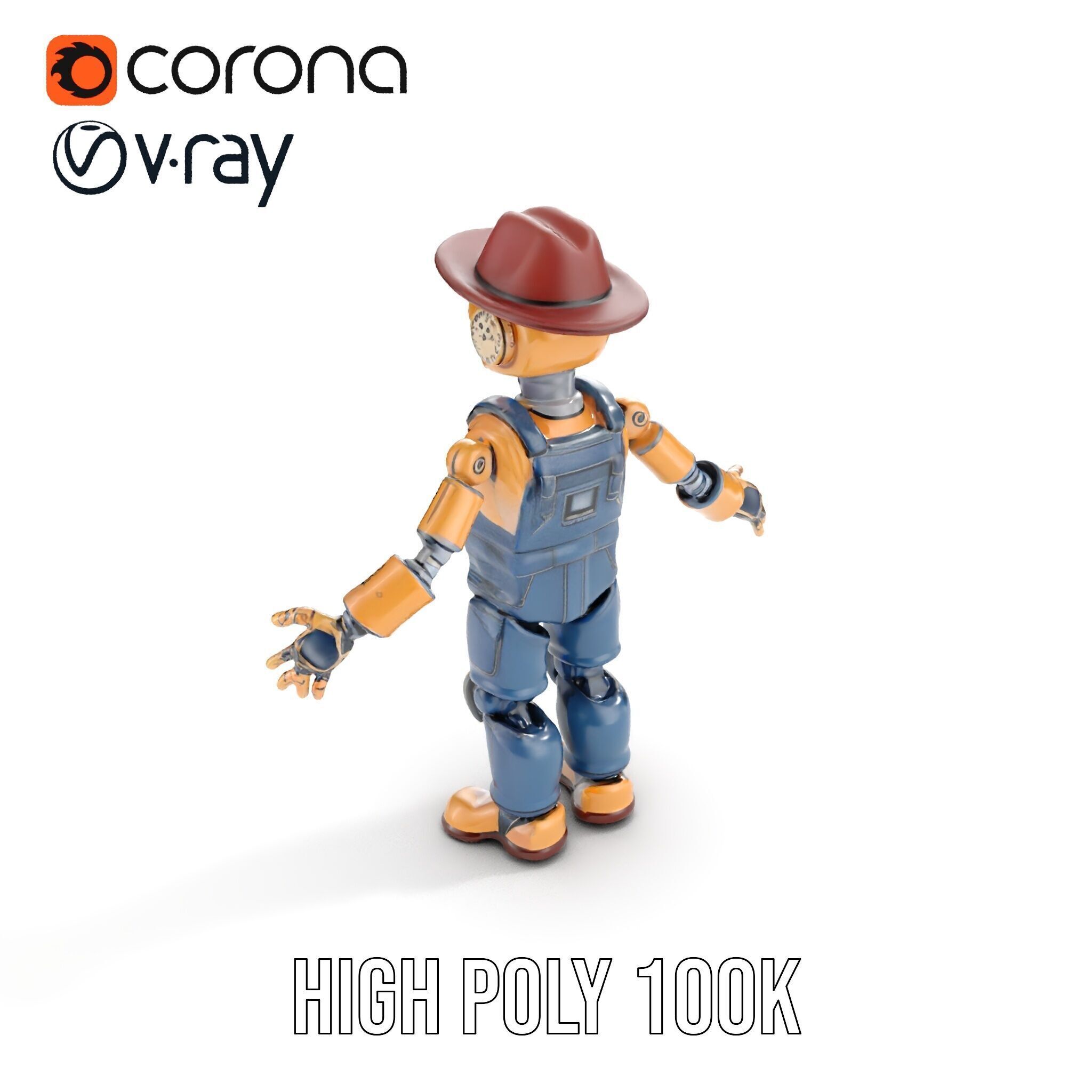 Bronze Overalls Robot with Hat Rigged and Animated Low-poly 3D model_18