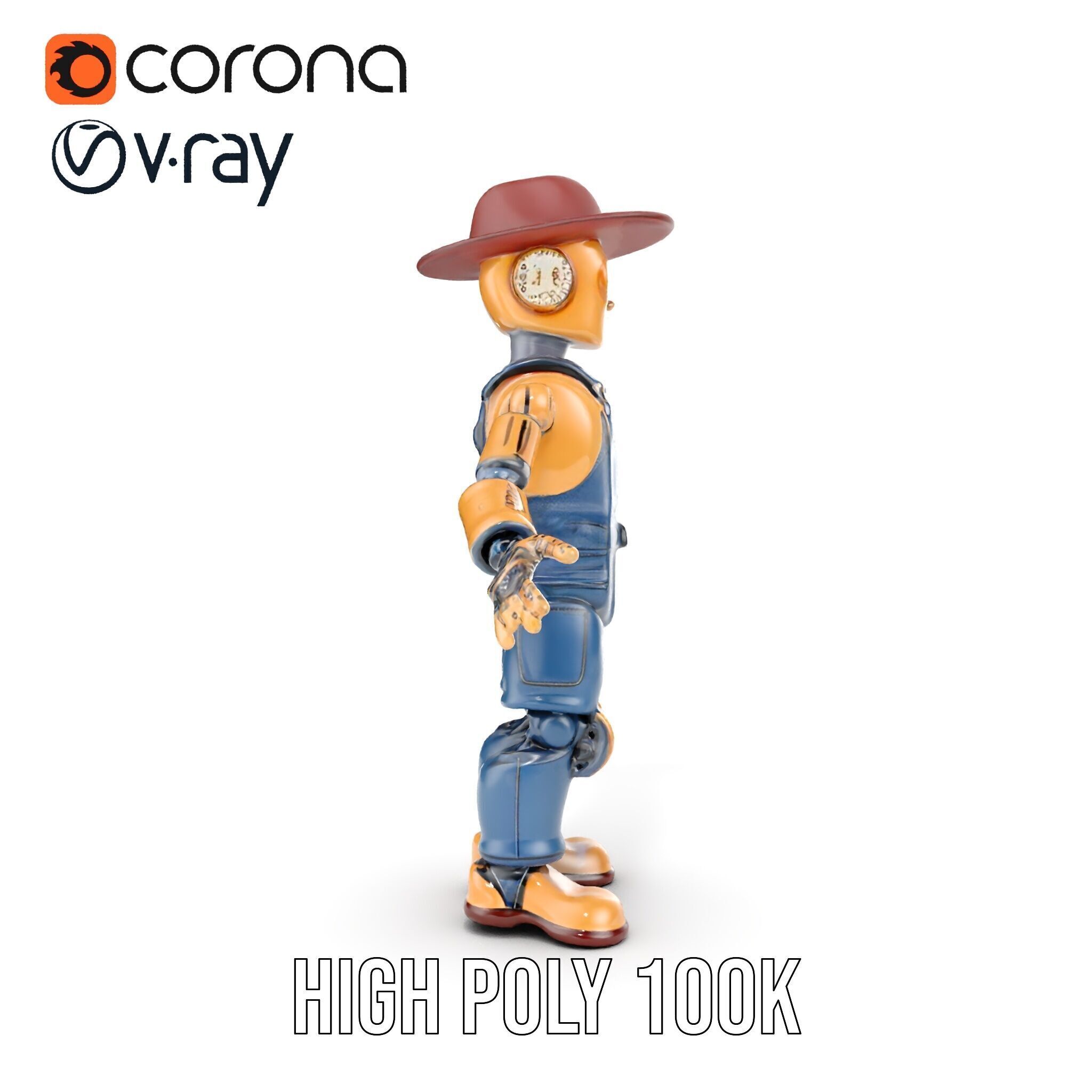 Bronze Overalls Robot with Hat Rigged and Animated Low-poly 3D model_15