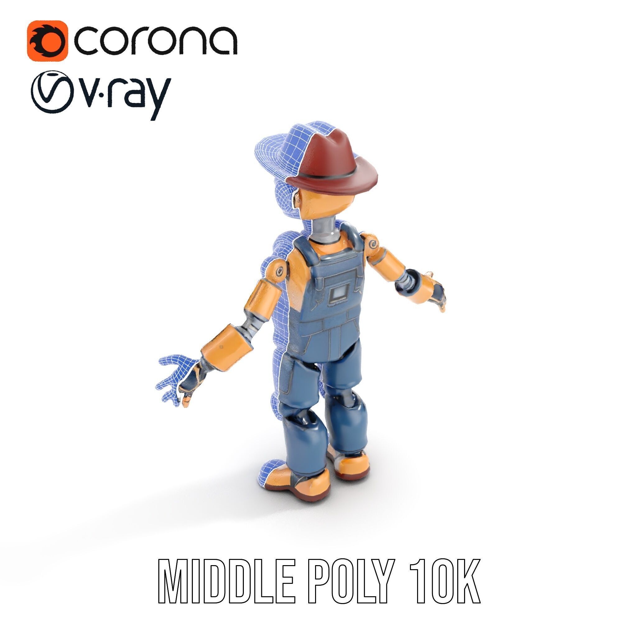 Bronze Overalls Robot with Hat Rigged and Animated Low-poly 3D model_33
