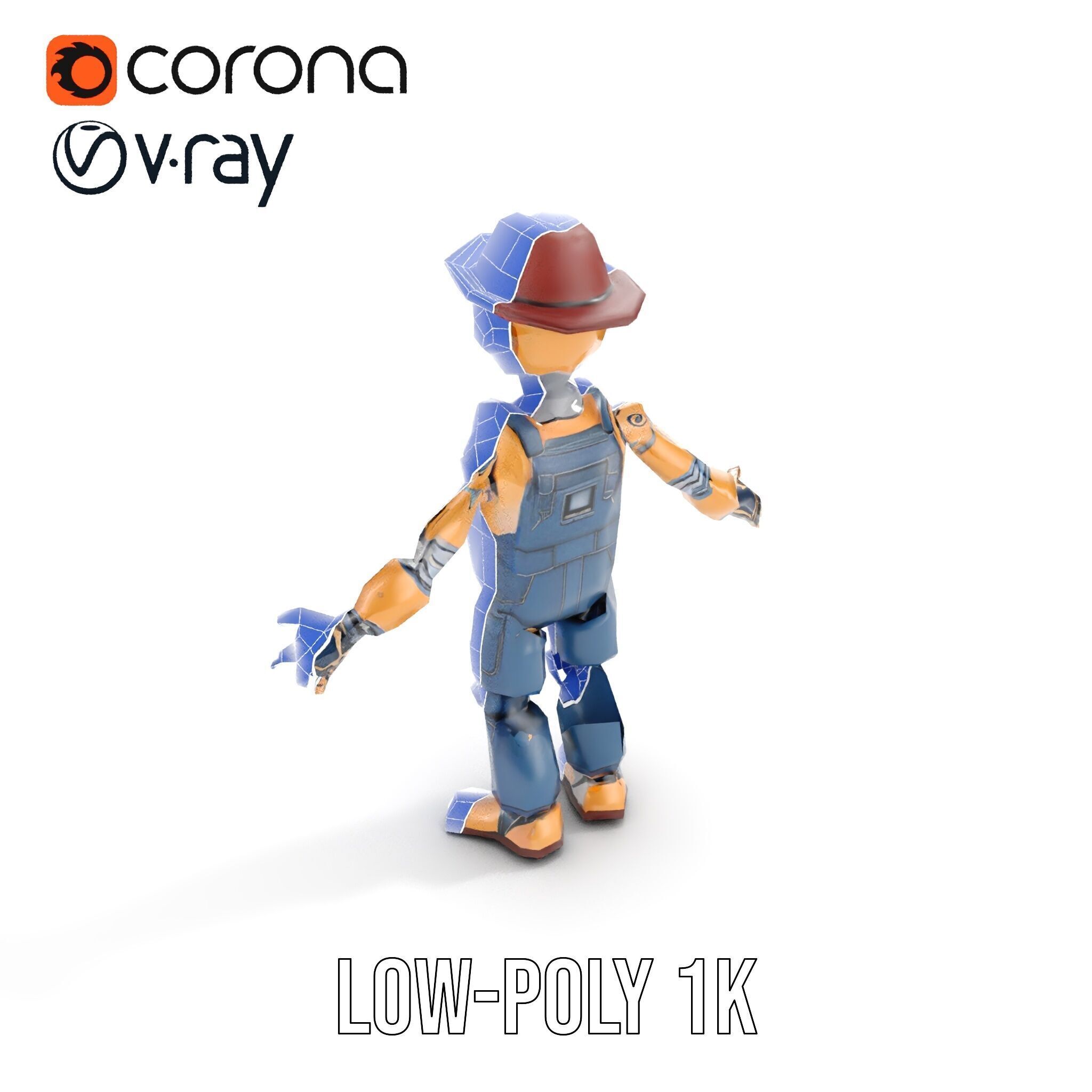 Bronze Overalls Robot with Hat Rigged and Animated Low-poly 3D model_20