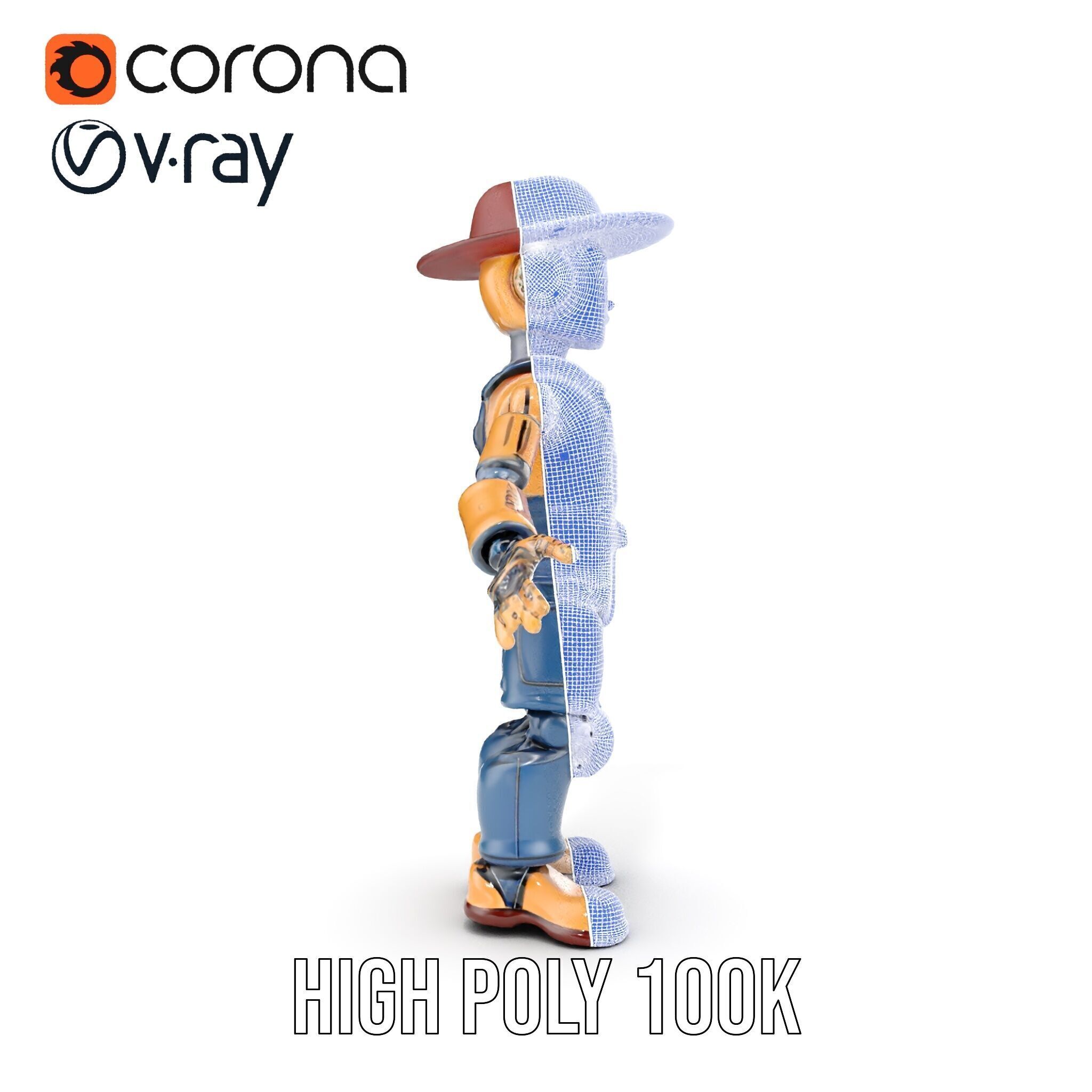 Bronze Overalls Robot with Hat Rigged and Animated Low-poly 3D model_32