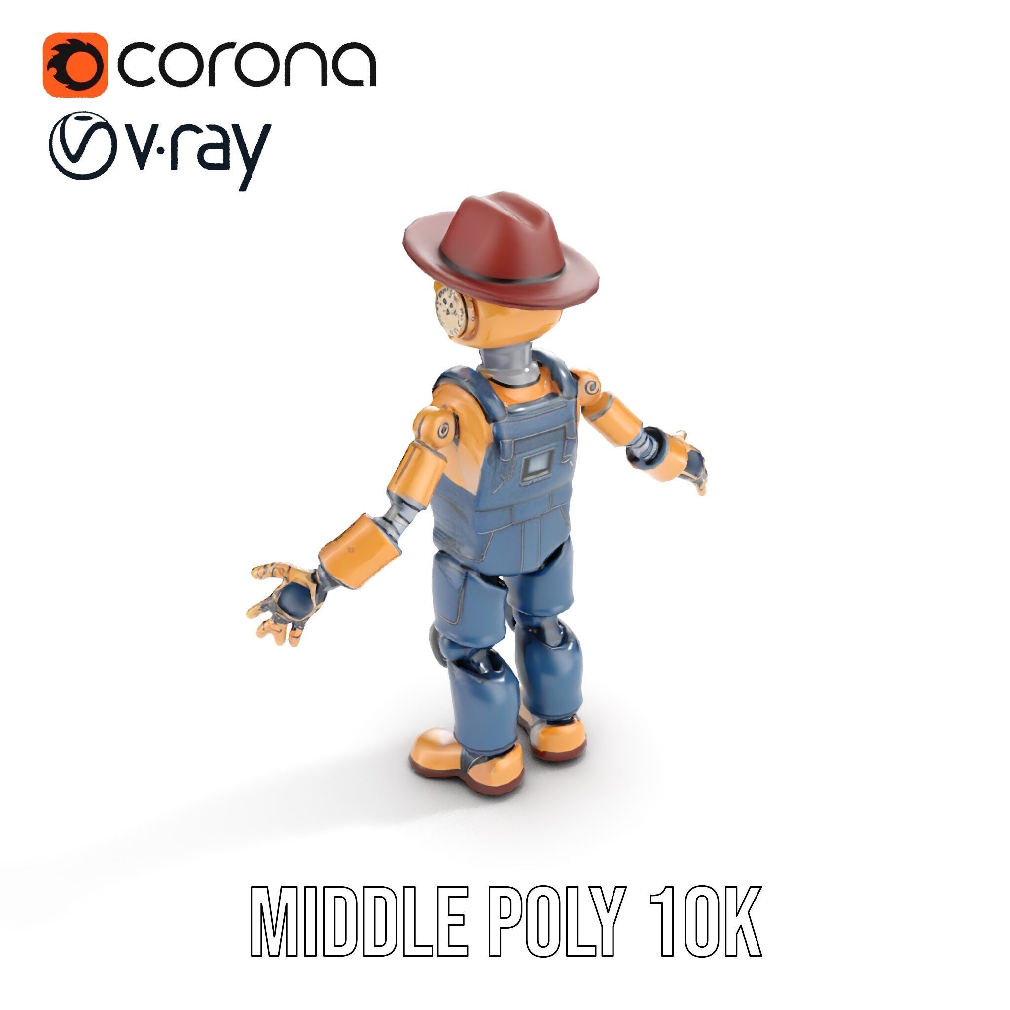 Bronze Overalls Robot with Hat Rigged and Animated Low-poly 3D model_13