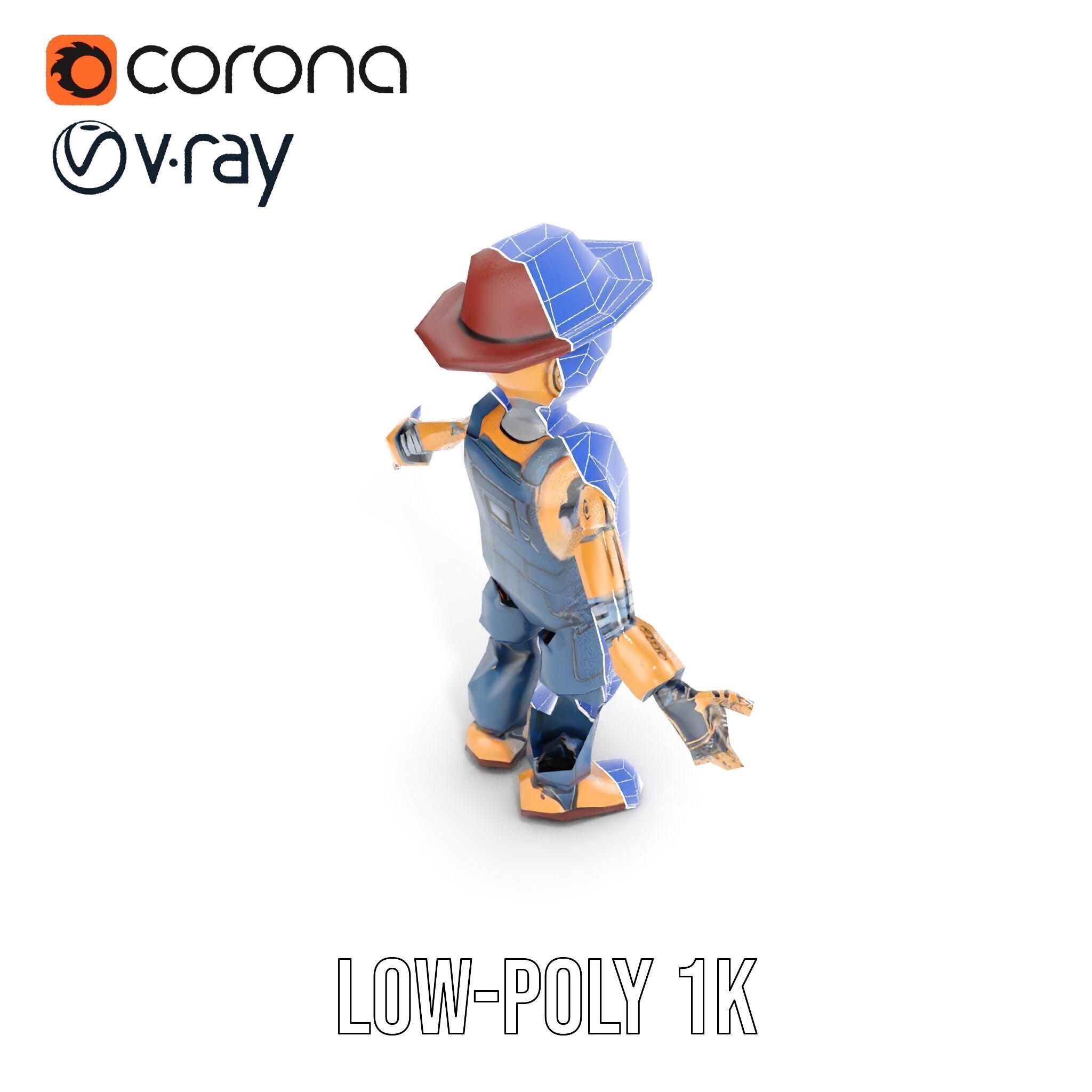 Bronze Overalls Robot with Hat Rigged and Animated Low-poly 3D model_23