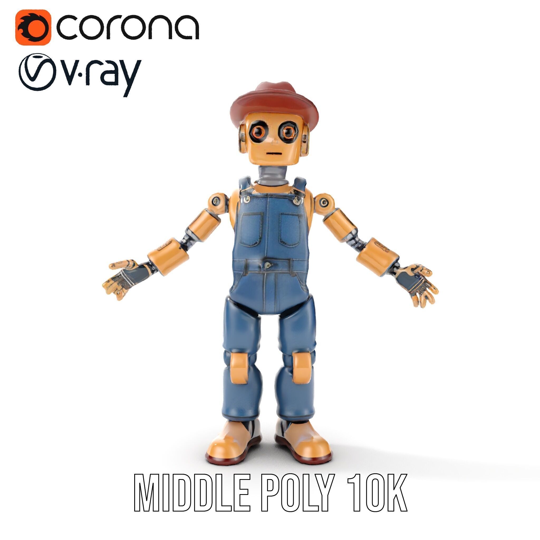 Bronze Overalls Robot with Hat Rigged and Animated Low-poly 3D model_27