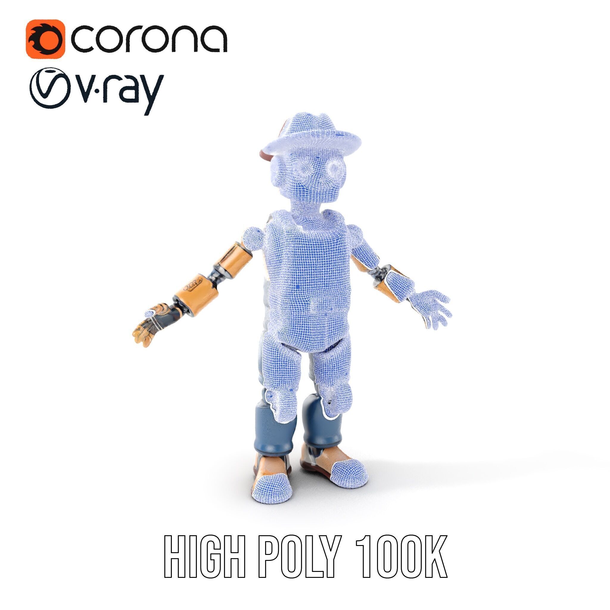Bronze Overalls Robot with Hat Rigged and Animated Low-poly 3D model_4