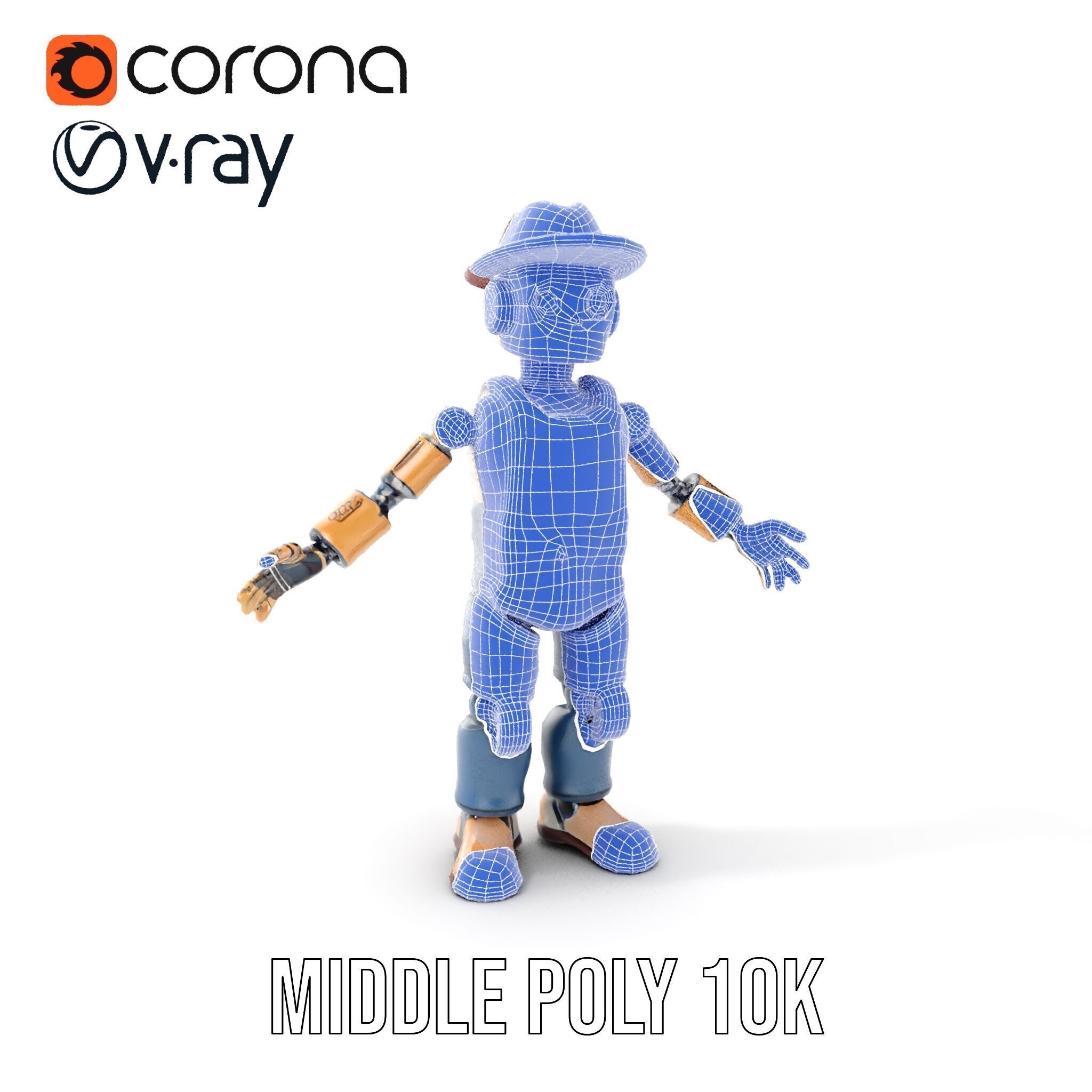 Bronze Overalls Robot with Hat Rigged and Animated Low-poly 3D model_22