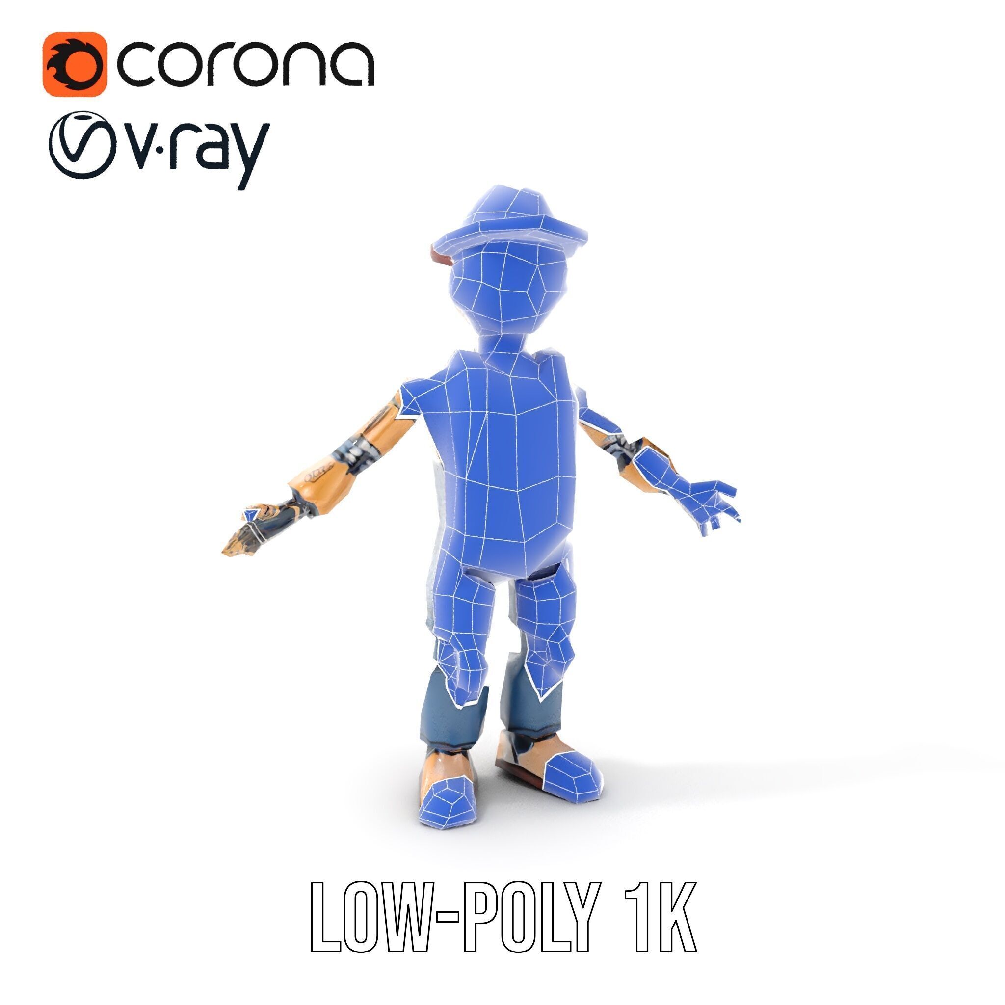 Bronze Overalls Robot with Hat Rigged and Animated Low-poly 3D model_11
