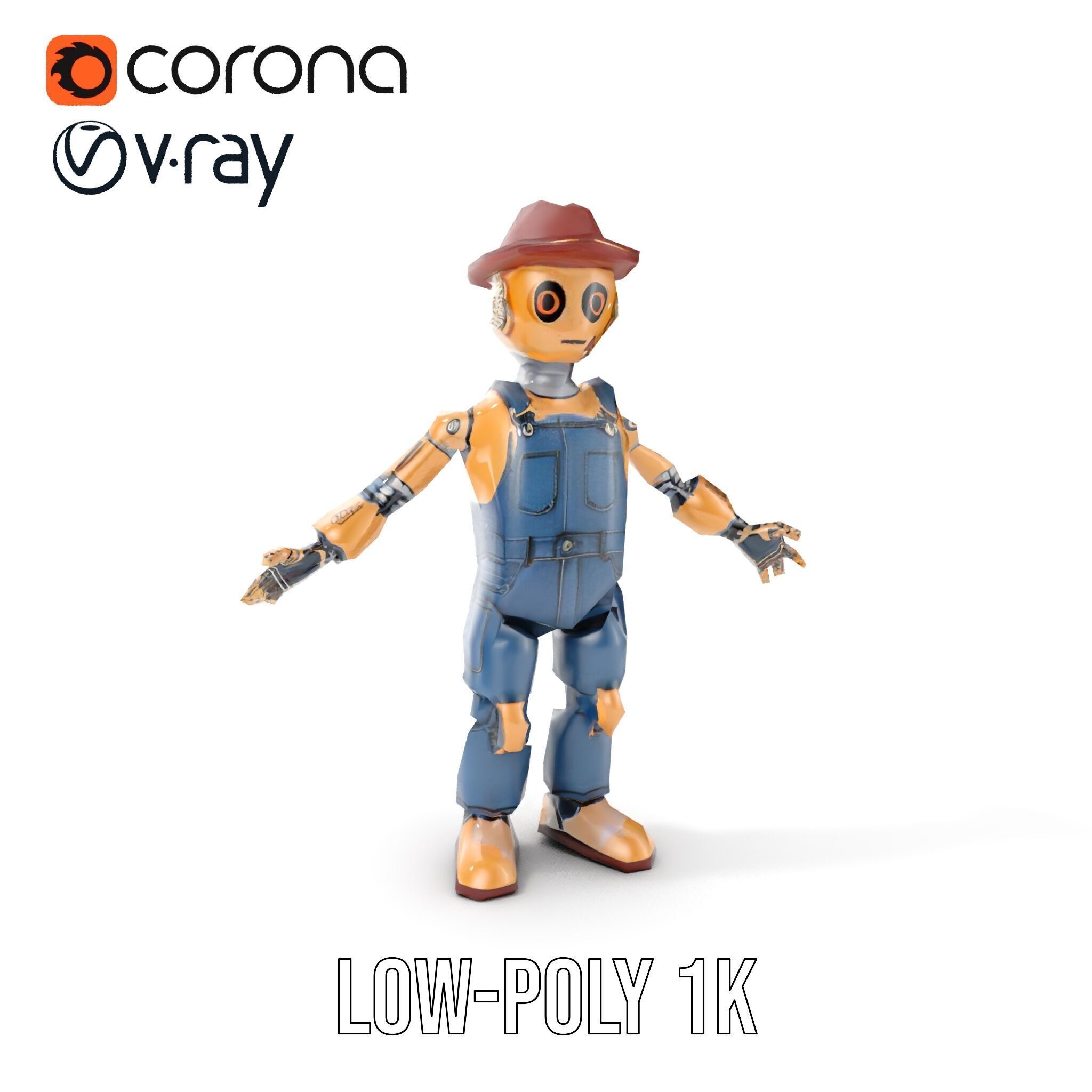 Bronze Overalls Robot with Hat Rigged and Animated Low-poly 3D model_14