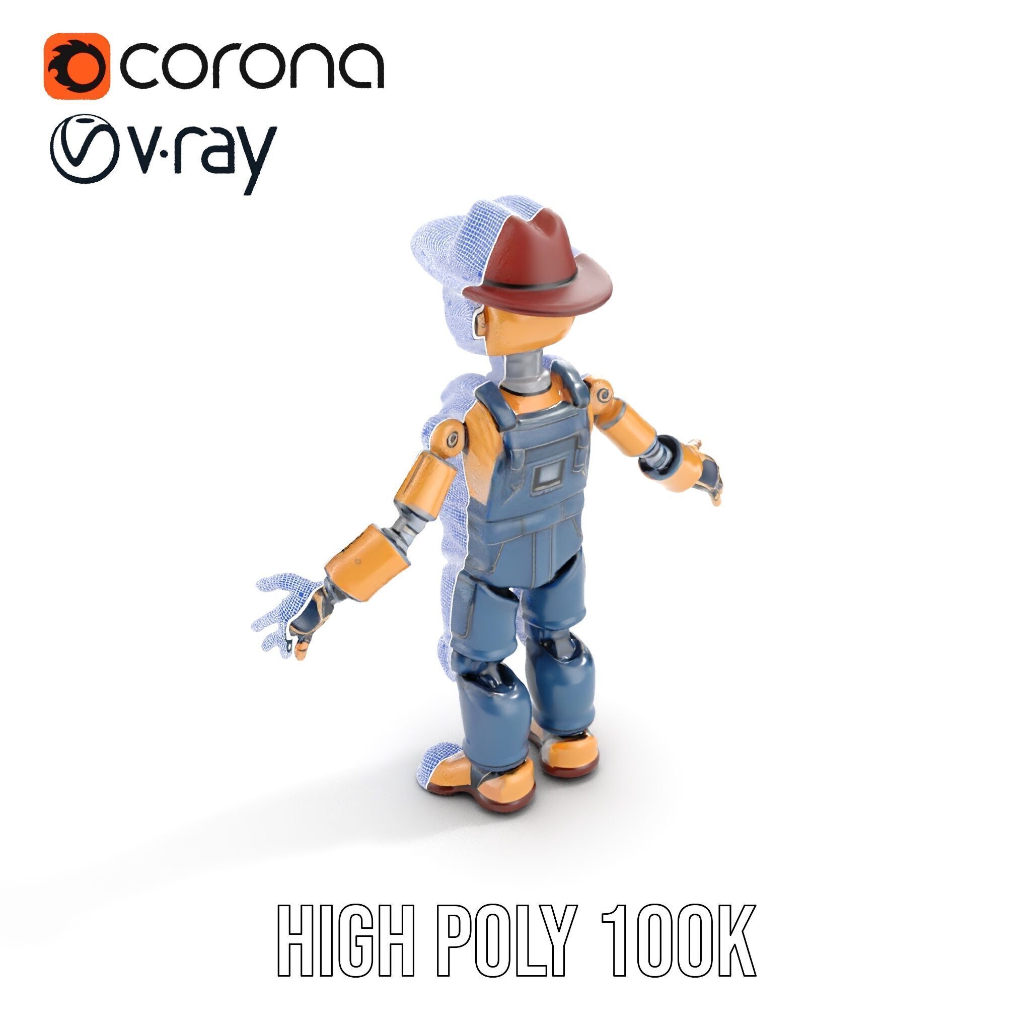 Bronze Overalls Robot with Hat Rigged and Animated Low-poly 3D model_21