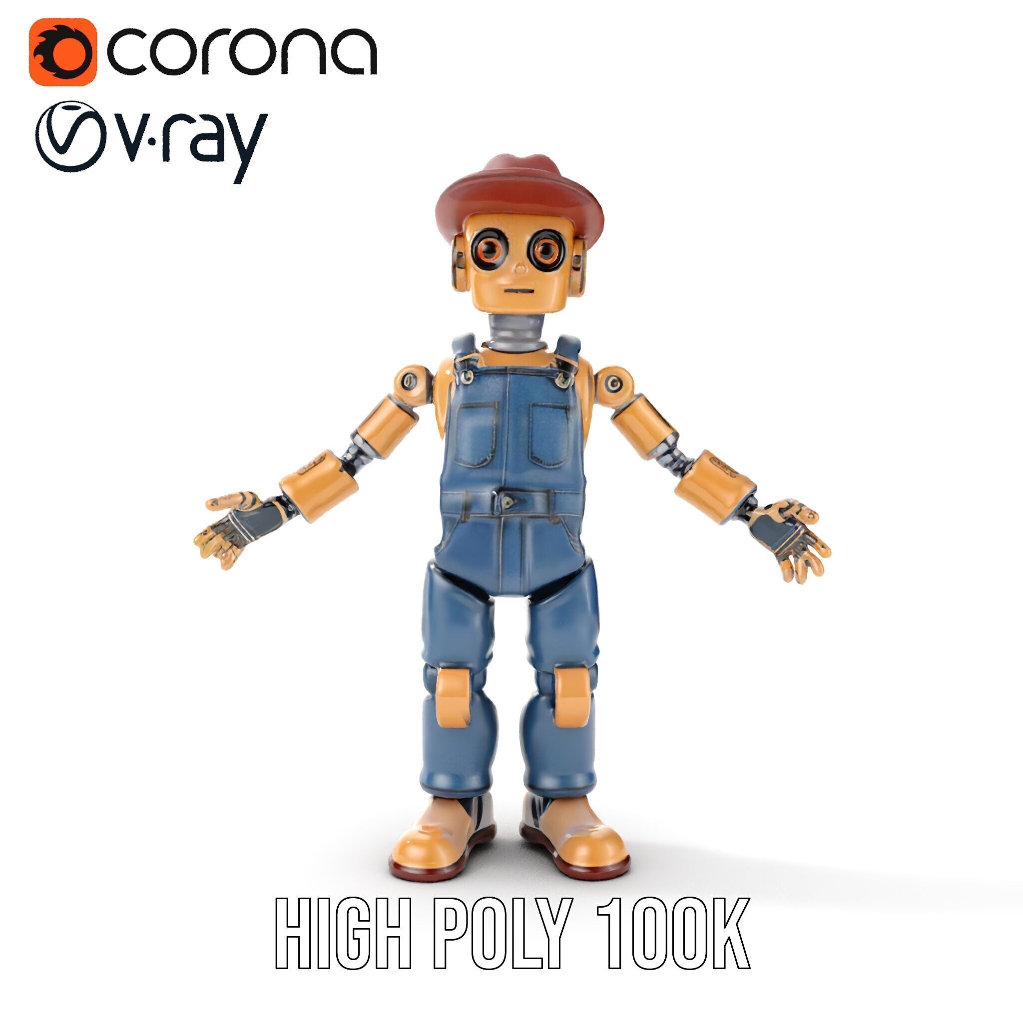 Bronze Overalls Robot with Hat Rigged and Animated Low-poly 3D model_24