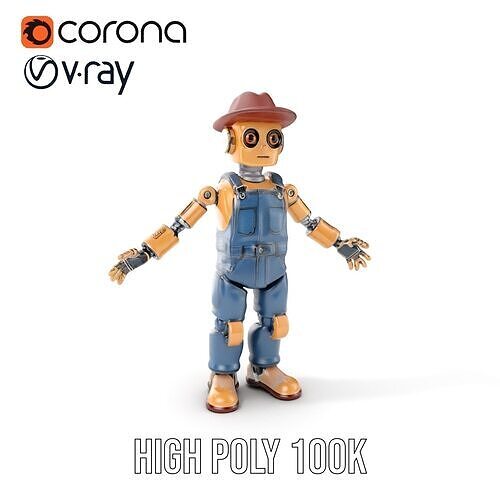 Bronze Overalls Robot with Hat  Rigged and Animated Low-poly 3D model