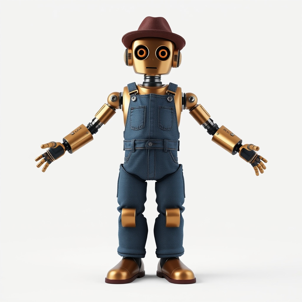 Bronze Overalls Robot with Hat Rigged and Animated Low-poly 3D model_2