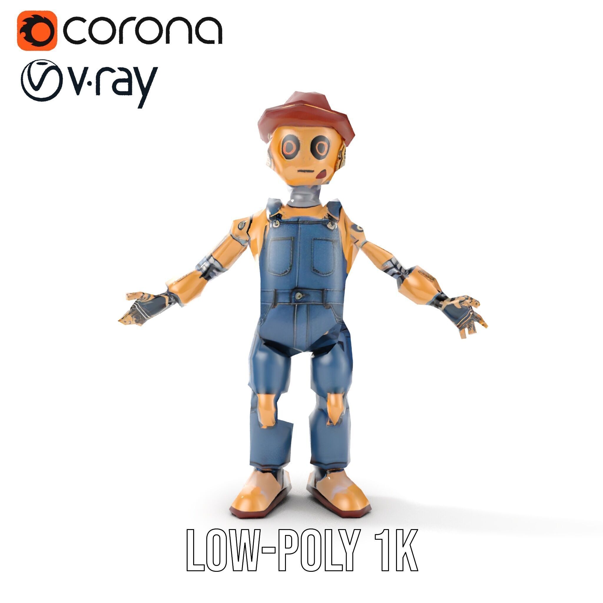 Bronze Overalls Robot with Hat Rigged and Animated Low-poly 3D model_9