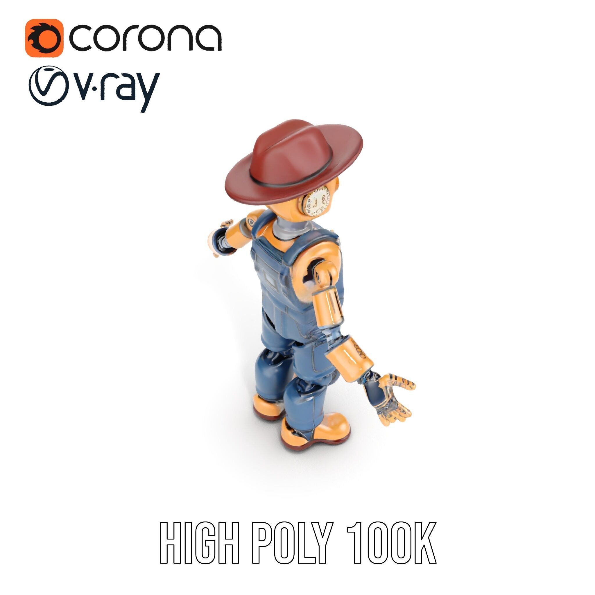 Bronze Overalls Robot with Hat Rigged and Animated Low-poly 3D model_12