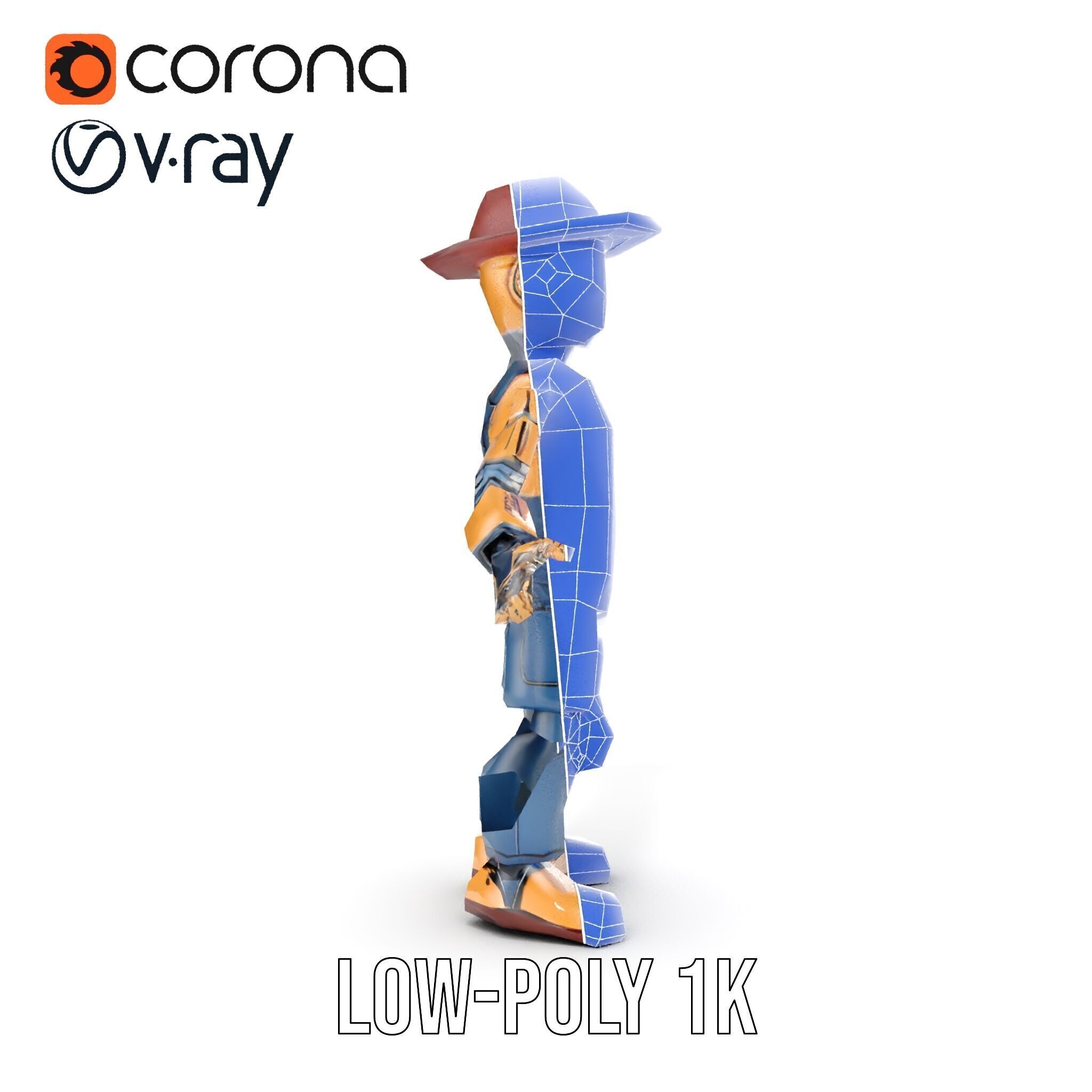 Bronze Overalls Robot with Hat Rigged and Animated Low-poly 3D model_26
