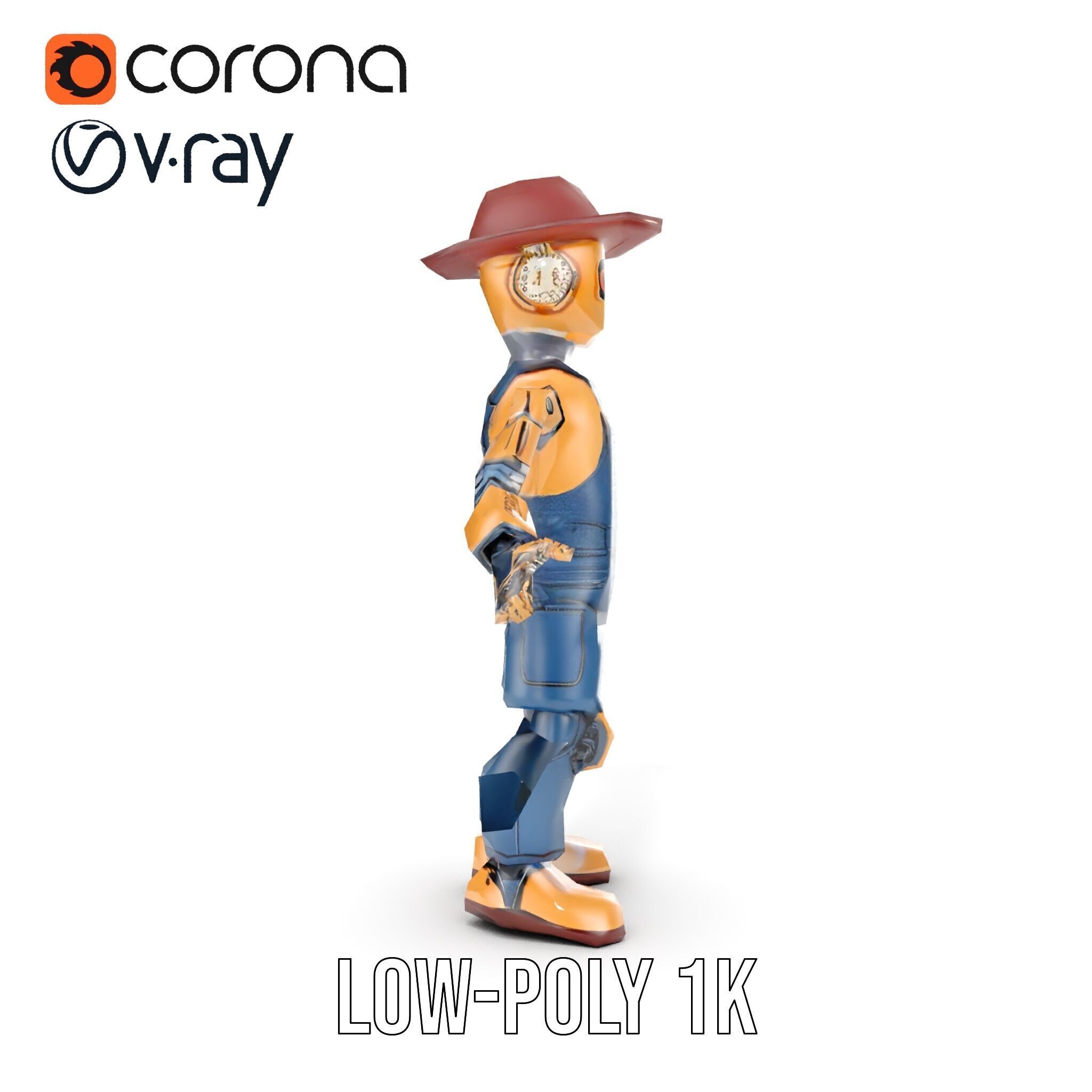 Bronze Overalls Robot with Hat Rigged and Animated Low-poly 3D model_28