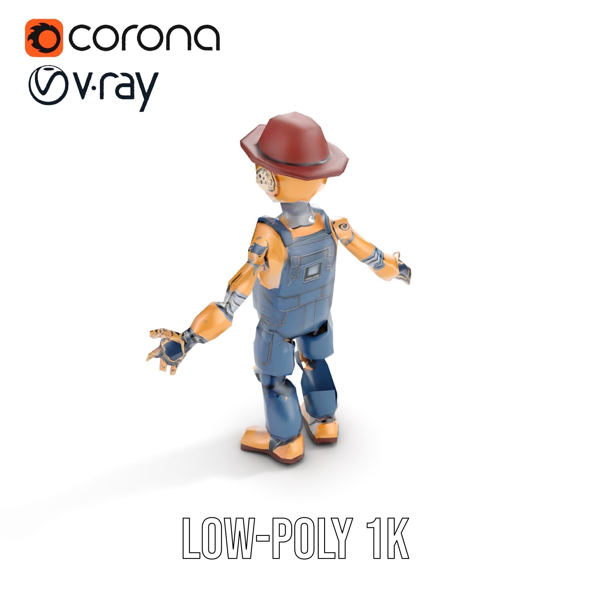 Bronze Overalls Robot with Hat Rigged and Animated Low-poly 3D model_7