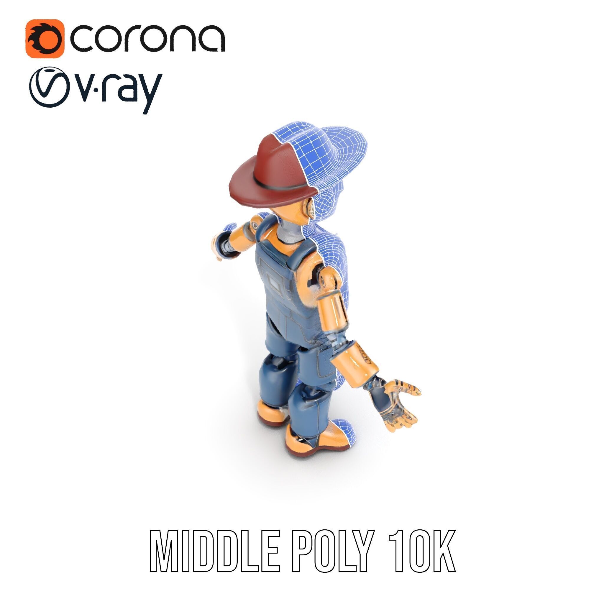 Bronze Overalls Robot with Hat Rigged and Animated Low-poly 3D model_16