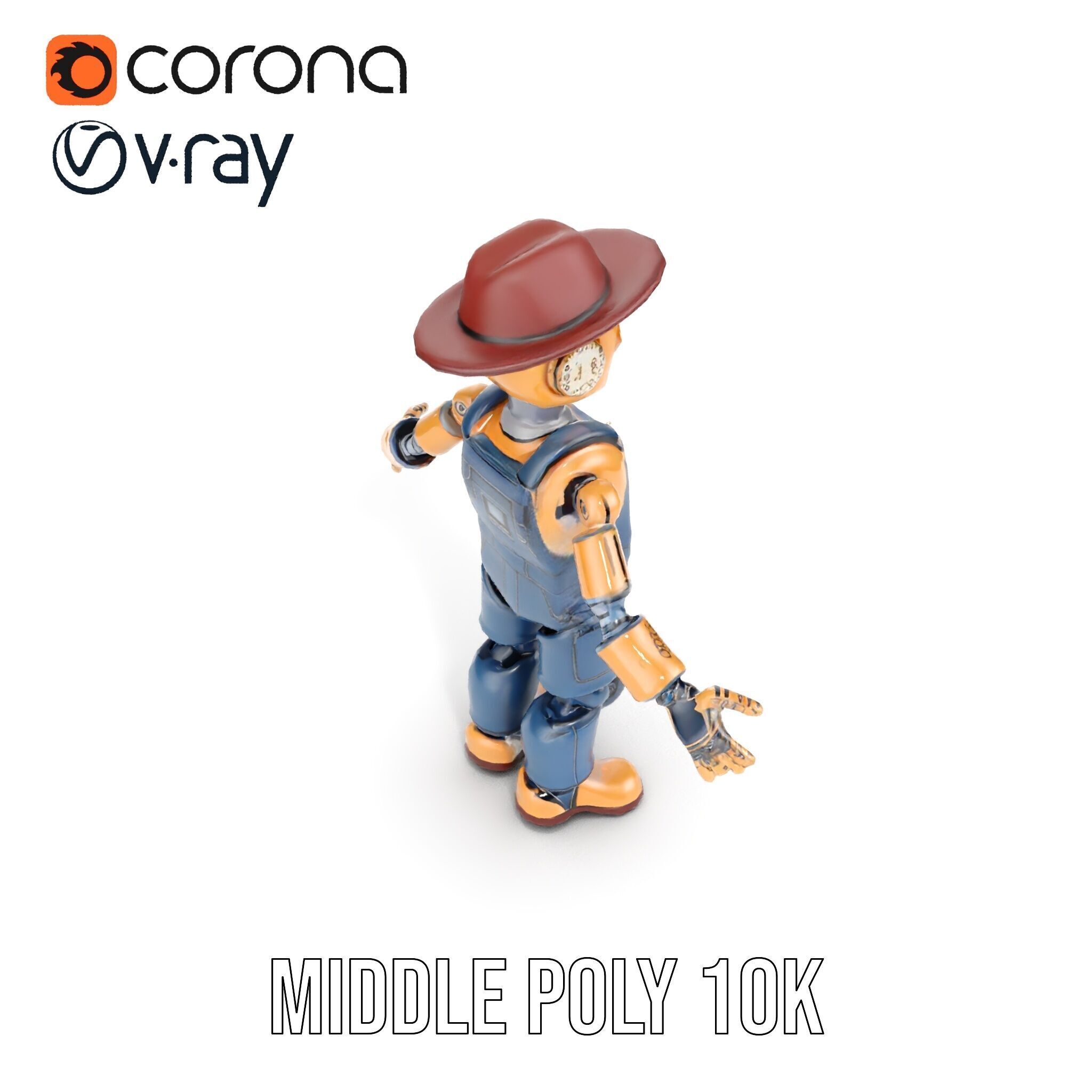 Bronze Overalls Robot with Hat Rigged and Animated Low-poly 3D model_30