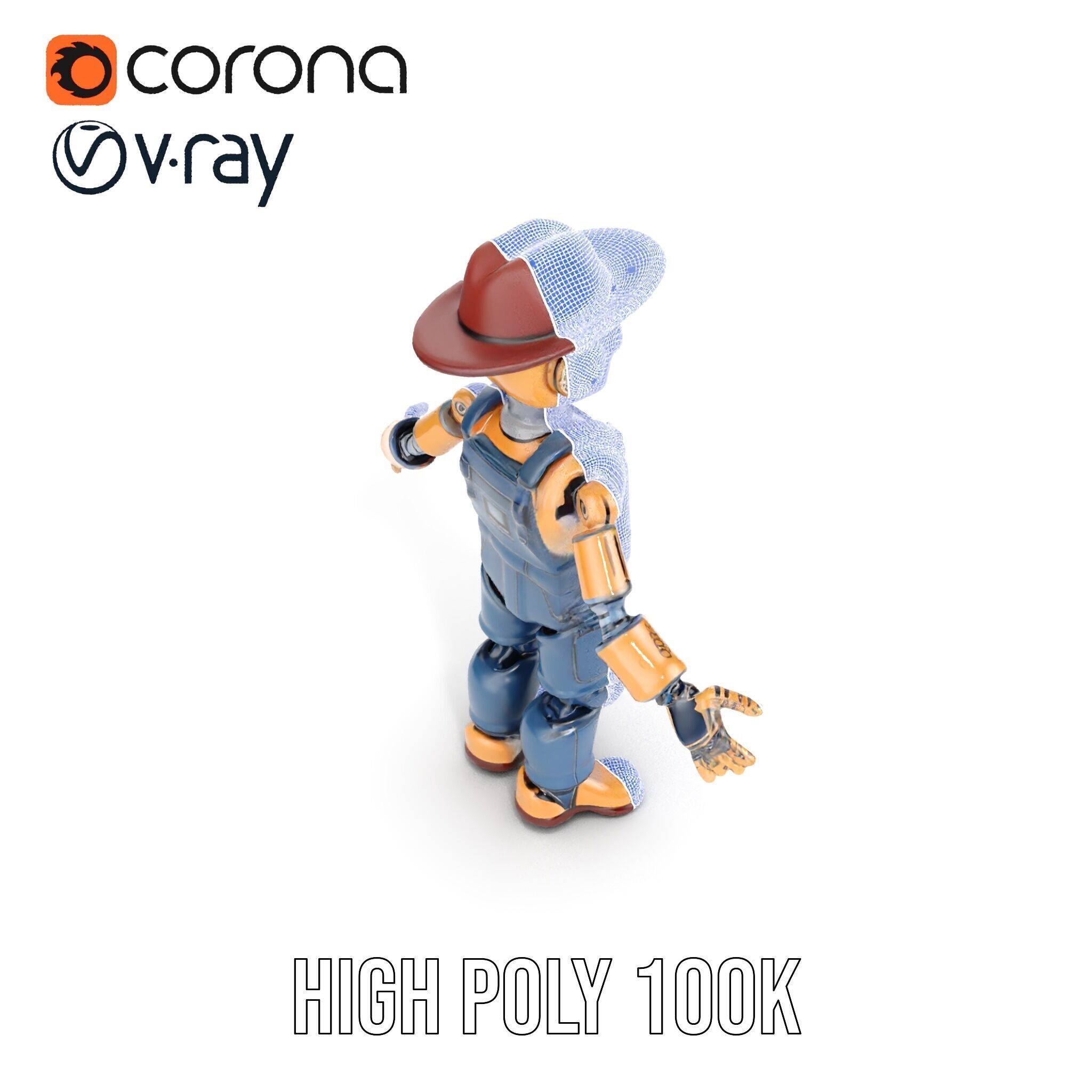 Bronze Overalls Robot with Hat Rigged and Animated Low-poly 3D model_35