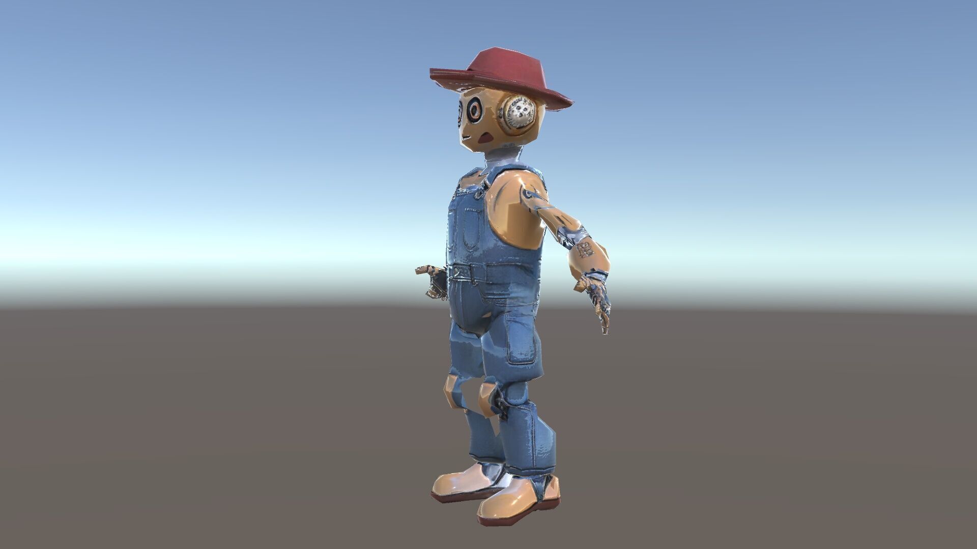 Bronze Overalls Robot with Hat Rigged and Animated Low-poly 3D model_34
