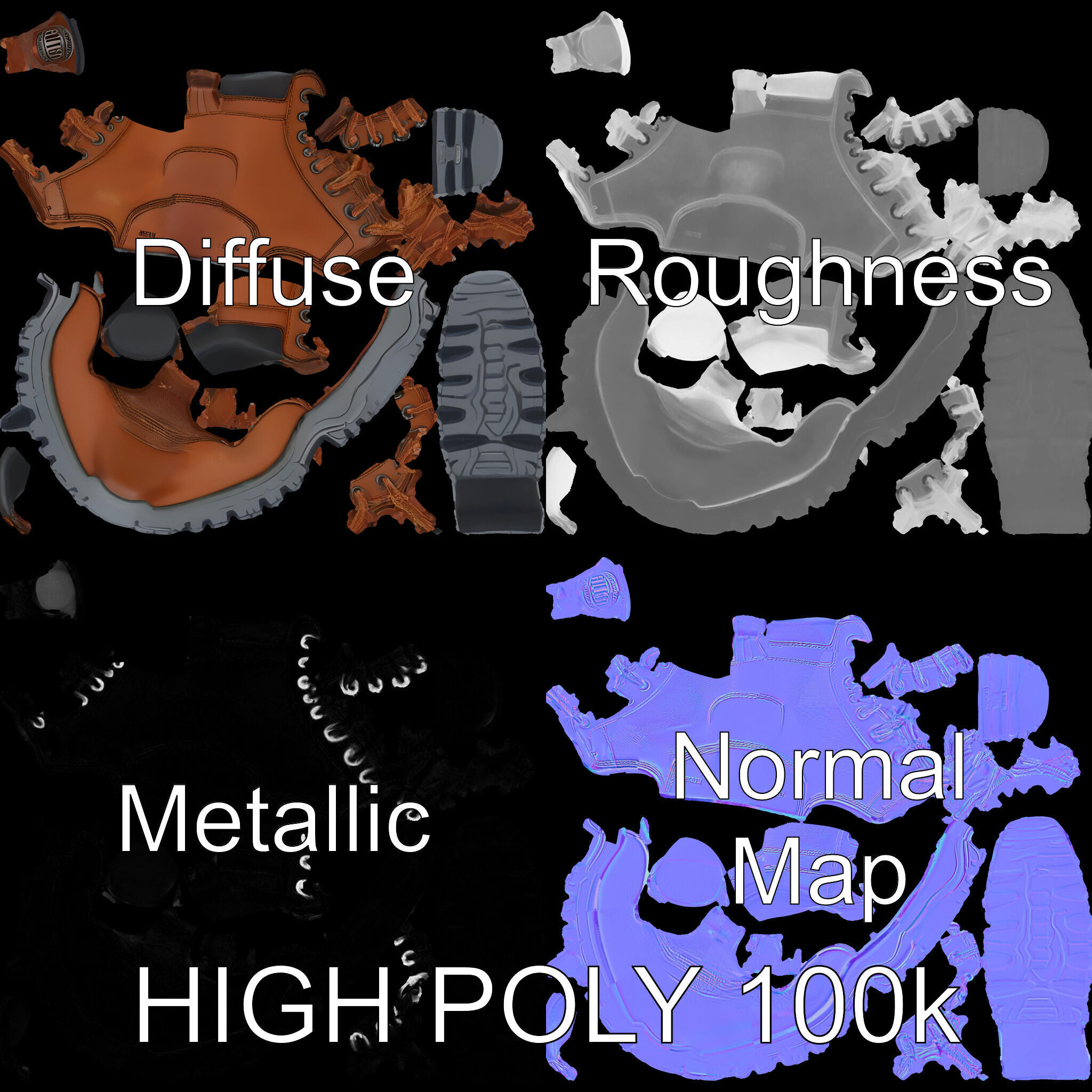 HeavyDuty Leather Boot Model Pack with Detailed Textures Low-poly 3D model_3