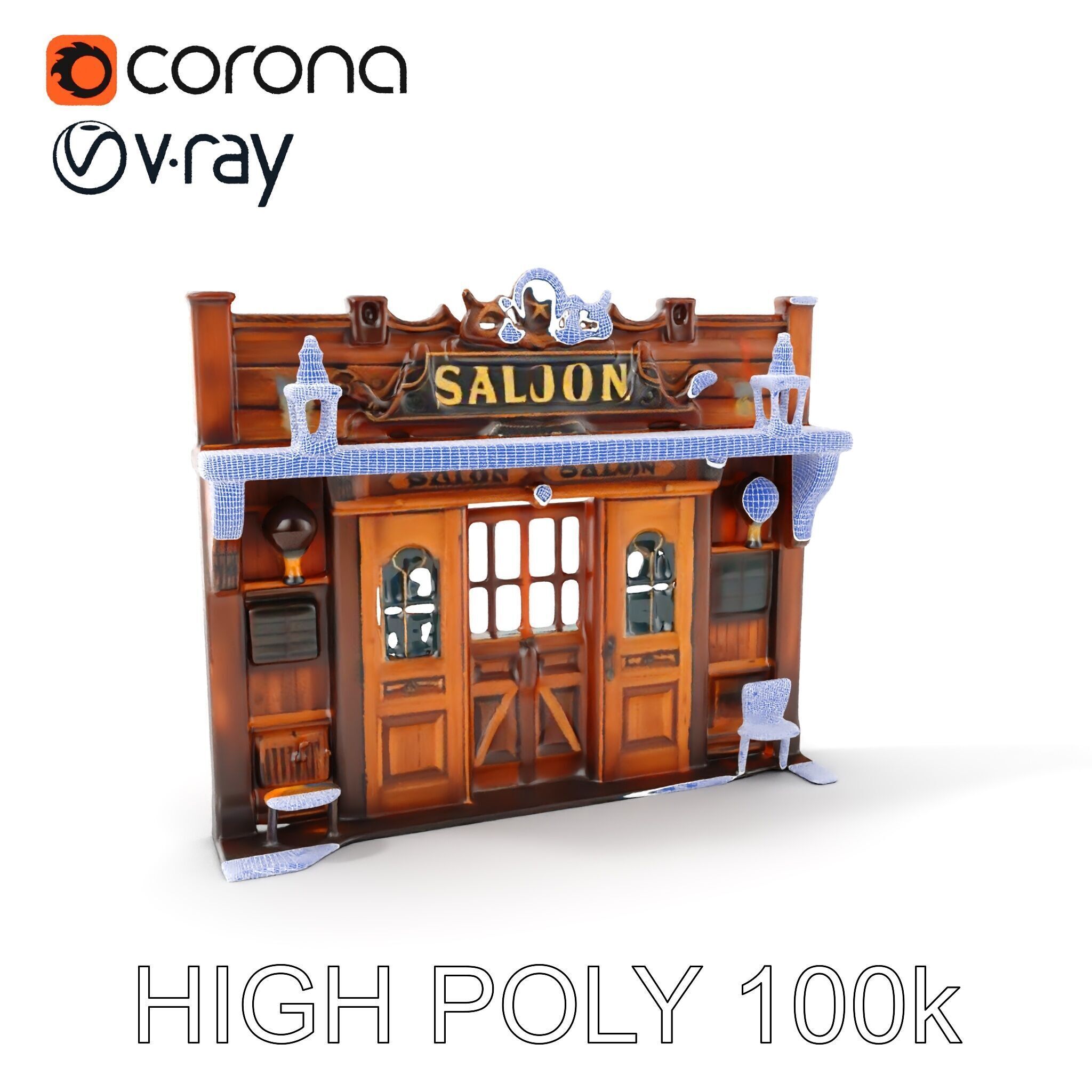 Western Saloon Frontage Model Pack with Detailed Features Low-poly 3D model_4