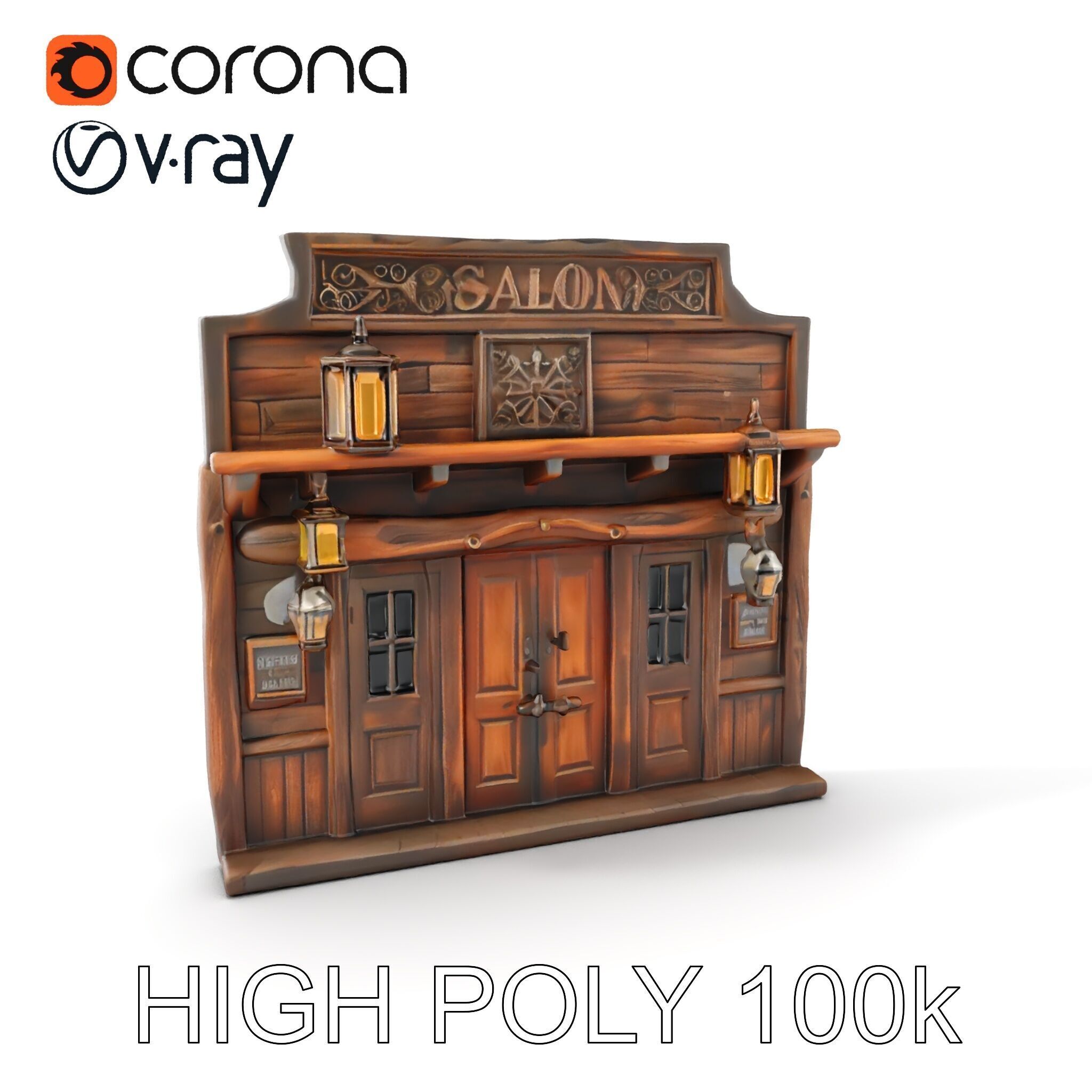 Western Saloon Entrance model pack with detailed wood texture Low-poly 3D model_8