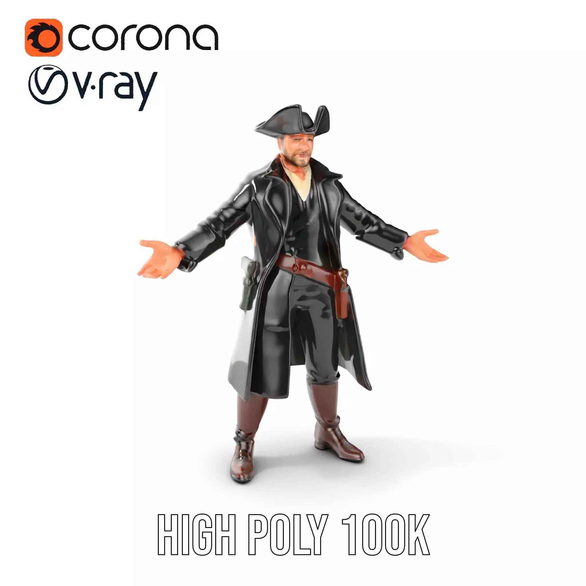 Colonial Pirate D Character Model Rigged and Animated Low-poly 3D model