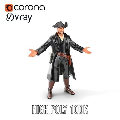 Colonial Pirate D Character Model  Rigged and Animated Low-poly 3D model