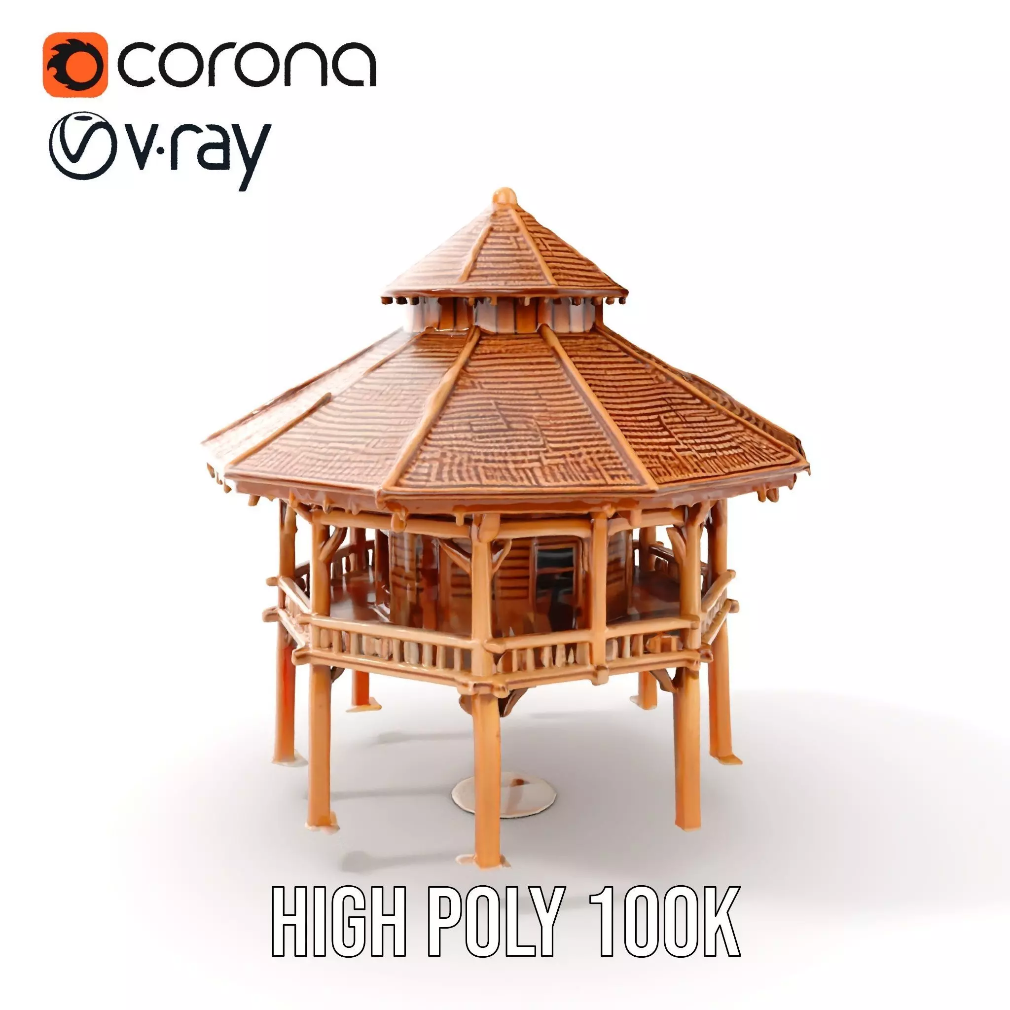 Rustic Octagonal Gazebo Wooden Structure D Model Pack Low-poly 3D model_0