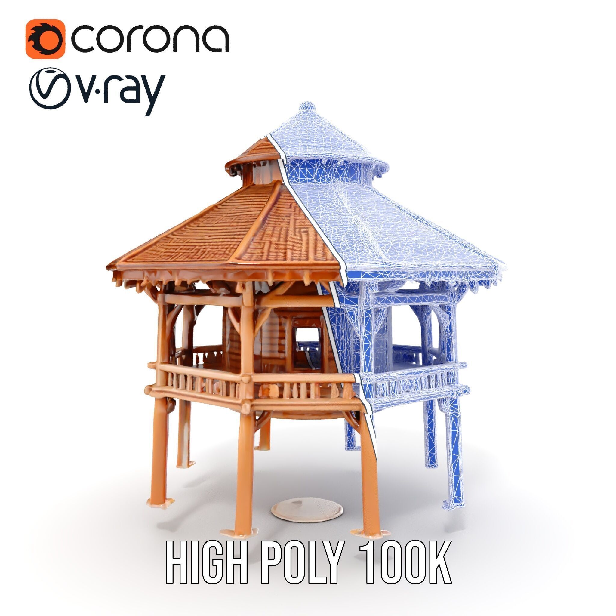 Rustic Octagonal Gazebo Wooden Structure D Model Pack Low-poly 3D model_12