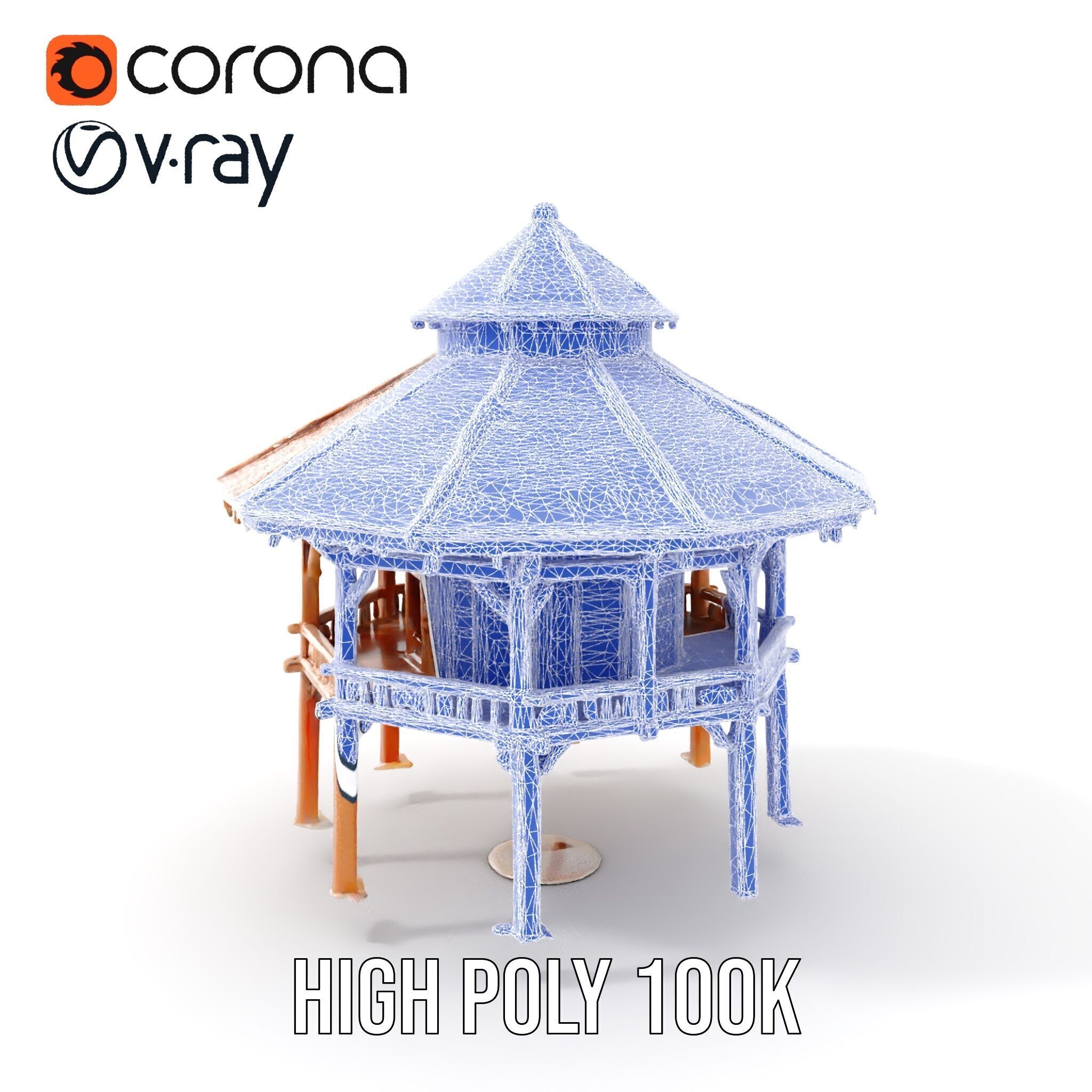 Rustic Octagonal Gazebo Wooden Structure D Model Pack Low-poly 3D model_28