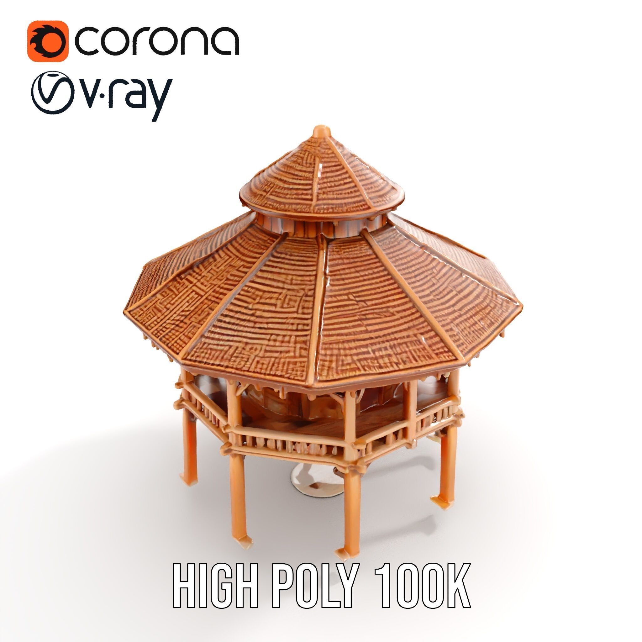 Rustic Octagonal Gazebo Wooden Structure D Model Pack Low-poly 3D model_19