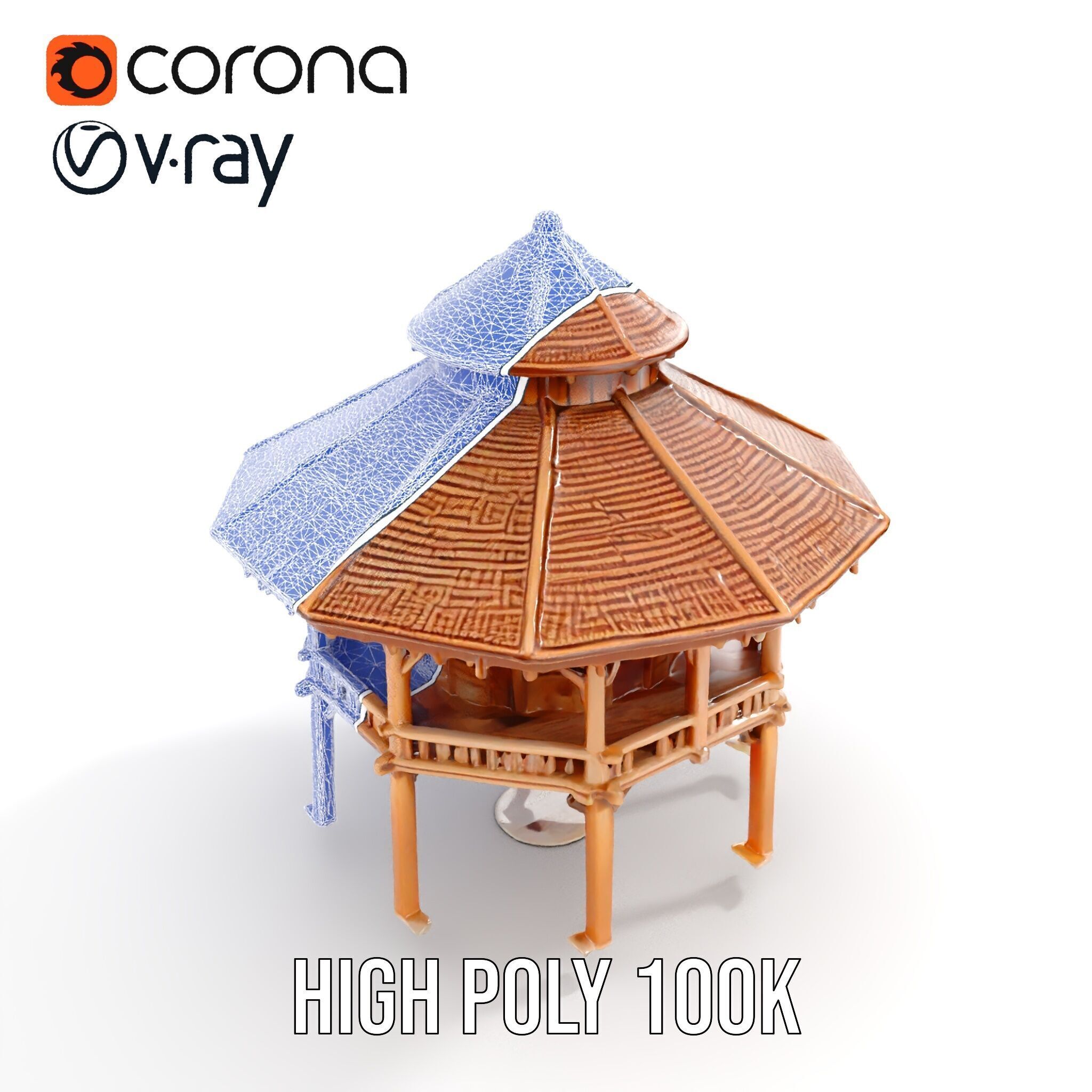 Rustic Octagonal Gazebo Wooden Structure D Model Pack Low-poly 3D model_11