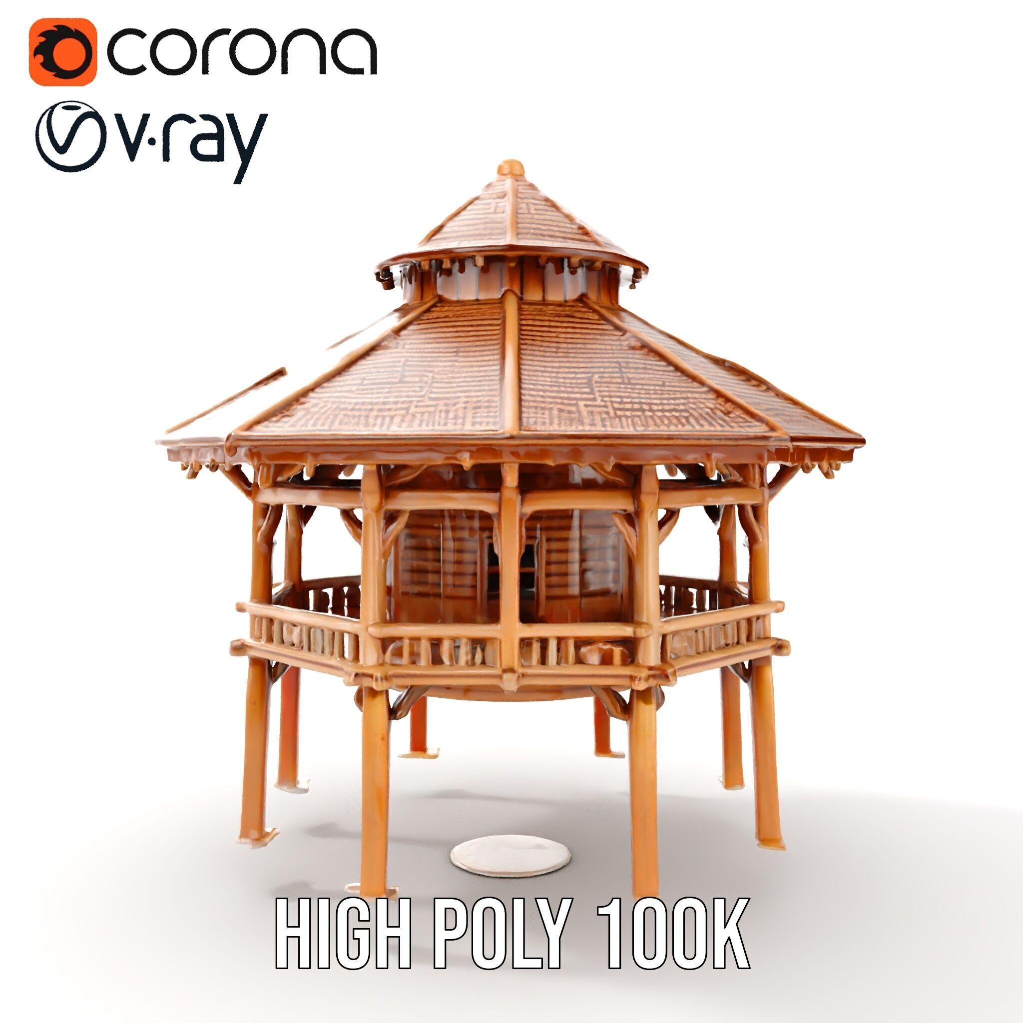 Rustic Octagonal Gazebo Wooden Structure D Model Pack Low-poly 3D model_21