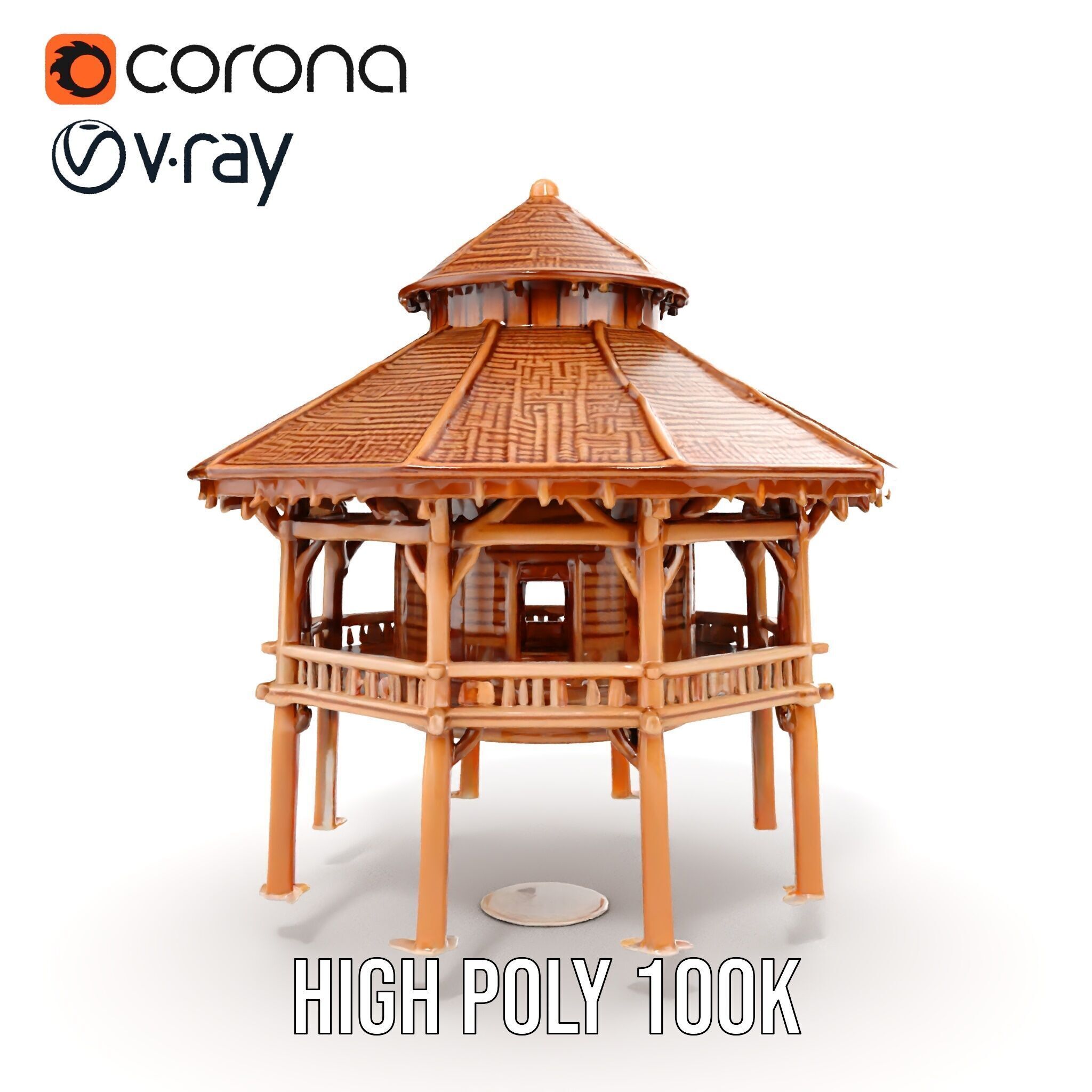 Rustic Octagonal Gazebo Wooden Structure D Model Pack Low-poly 3D model_32