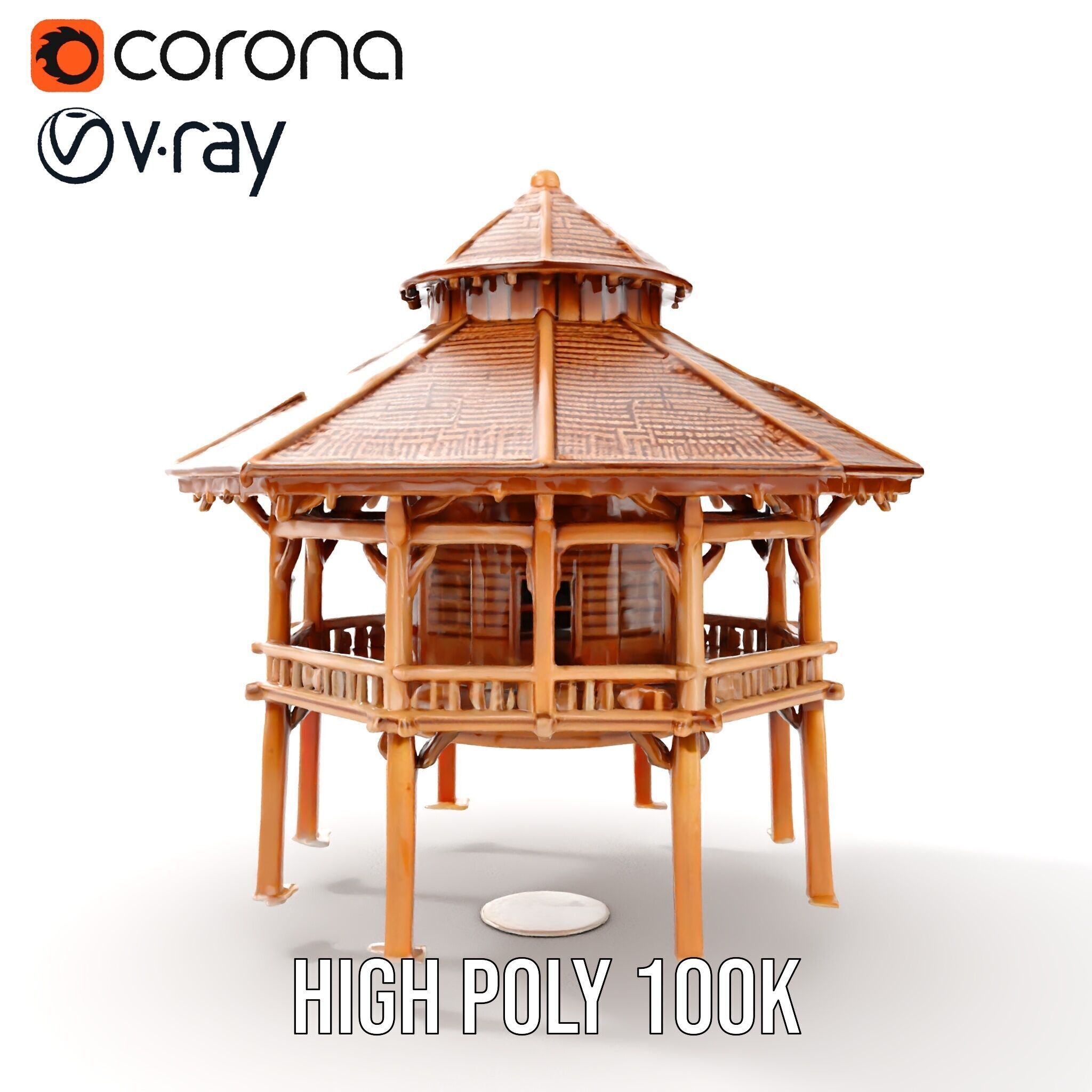 Rustic Octagonal Gazebo Wooden Structure D Model Pack Low-poly 3D model_25