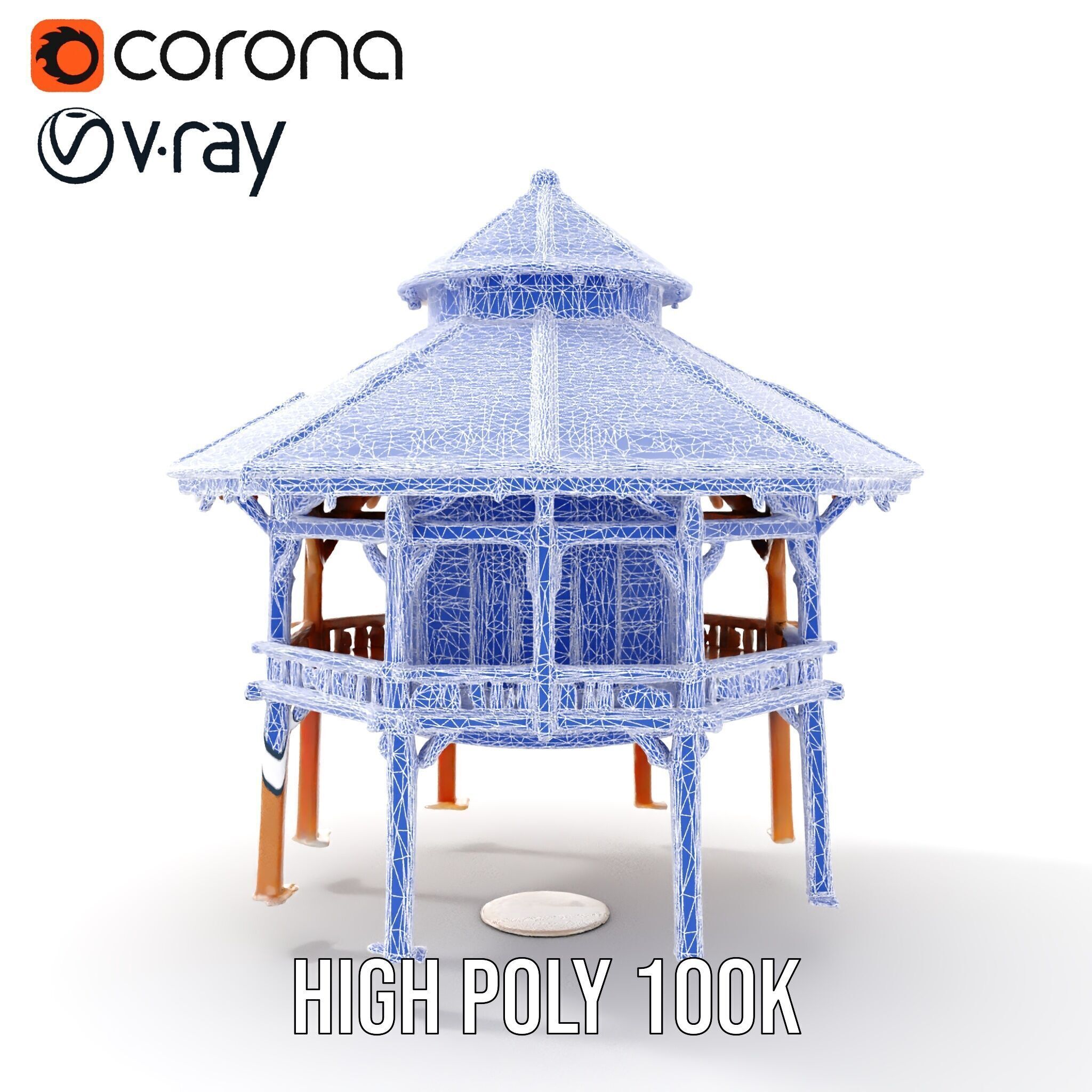 Rustic Octagonal Gazebo Wooden Structure D Model Pack Low-poly 3D model_36