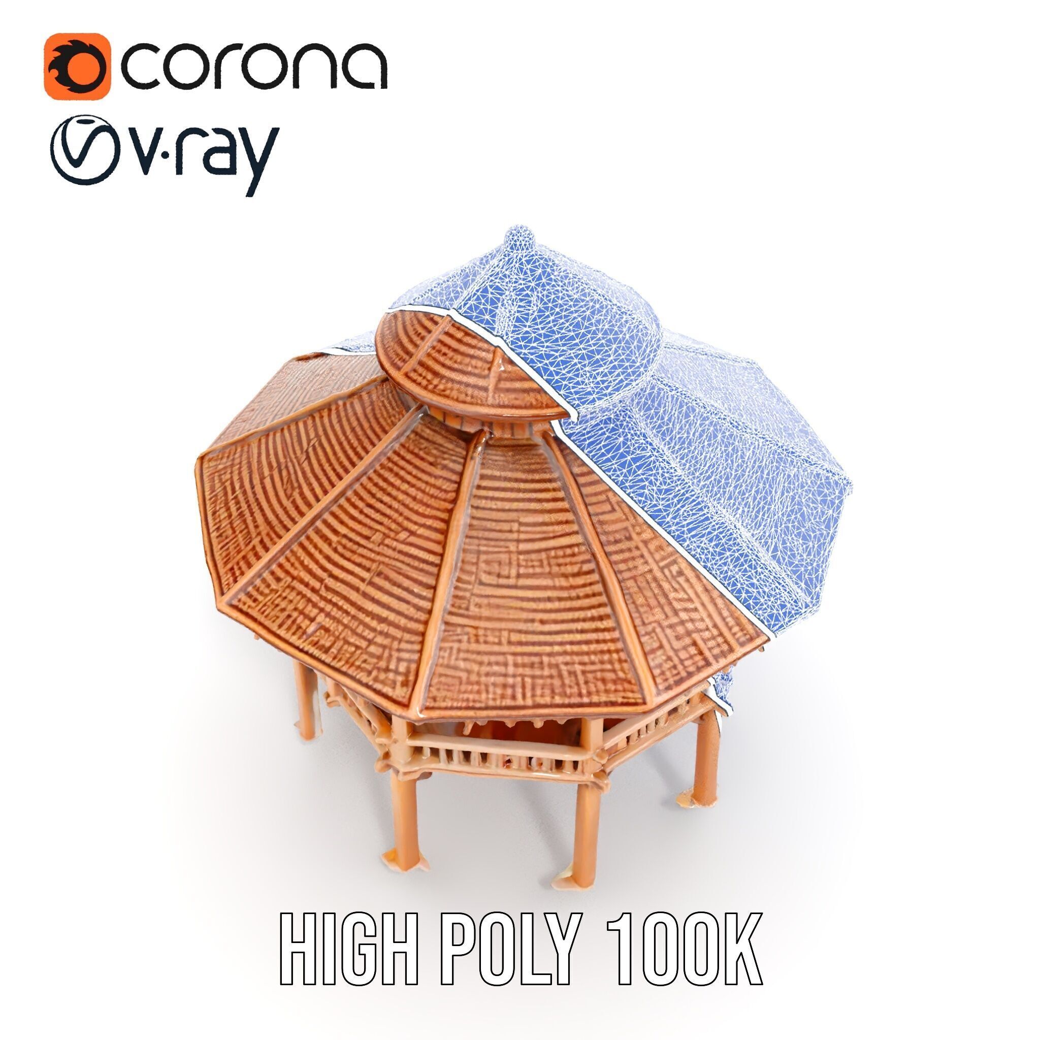 Rustic Octagonal Gazebo Wooden Structure D Model Pack Low-poly 3D model_10