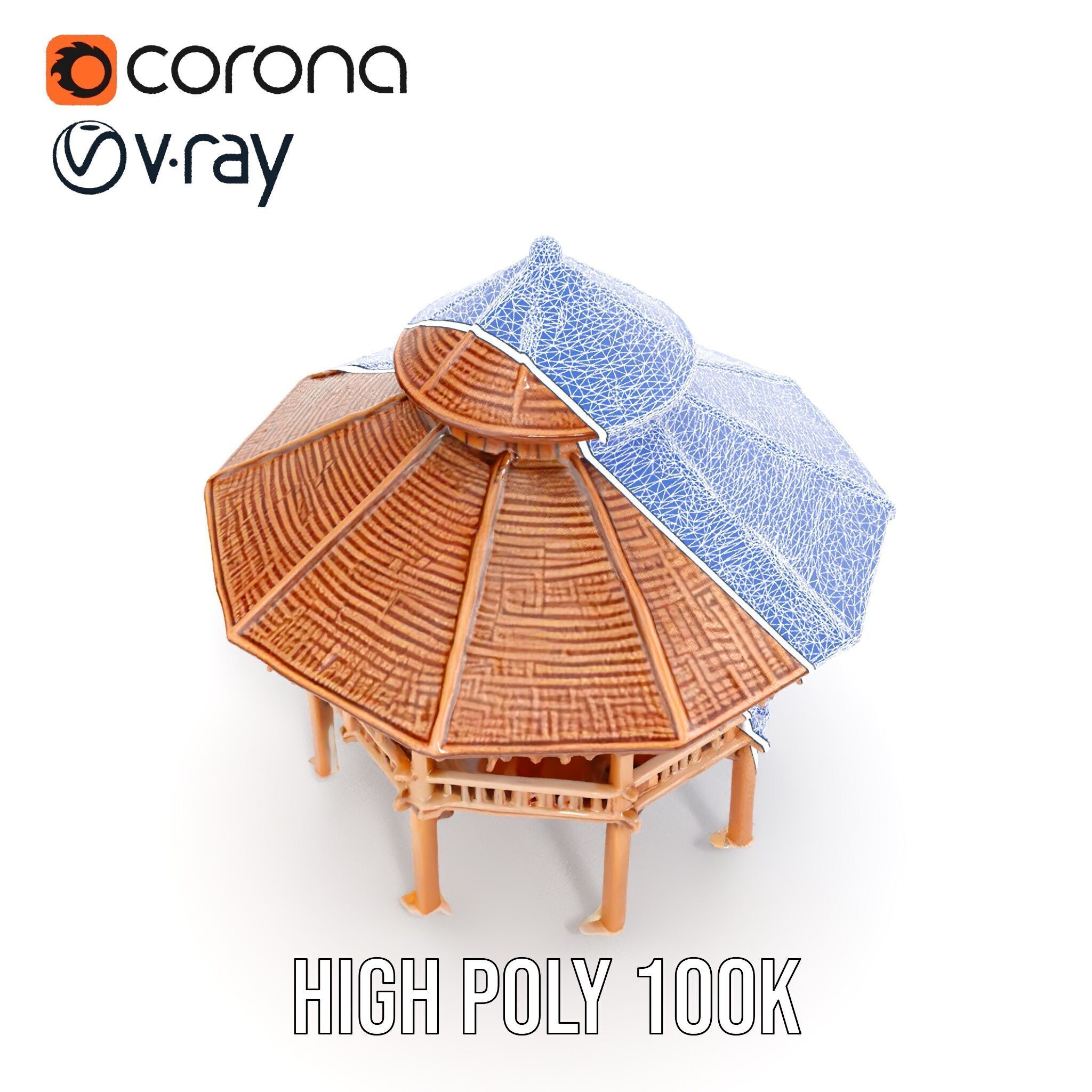 Rustic Octagonal Gazebo Wooden Structure D Model Pack Low-poly 3D model_31