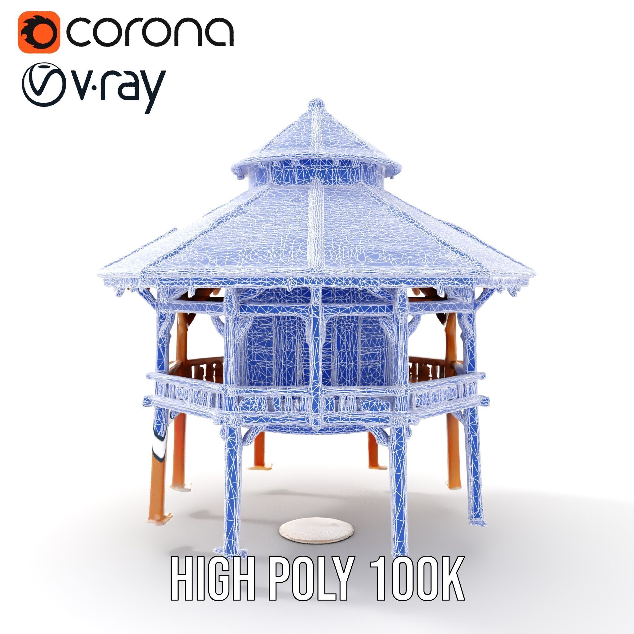 Rustic Octagonal Gazebo Wooden Structure D Model Pack Low-poly 3D model_14