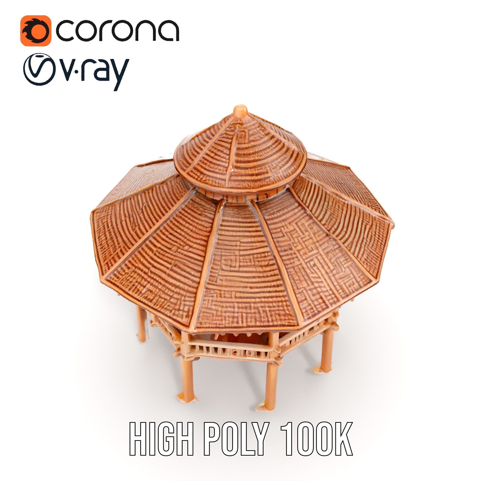Rustic Octagonal Gazebo Wooden Structure D Model Pack Low-poly 3D model_15