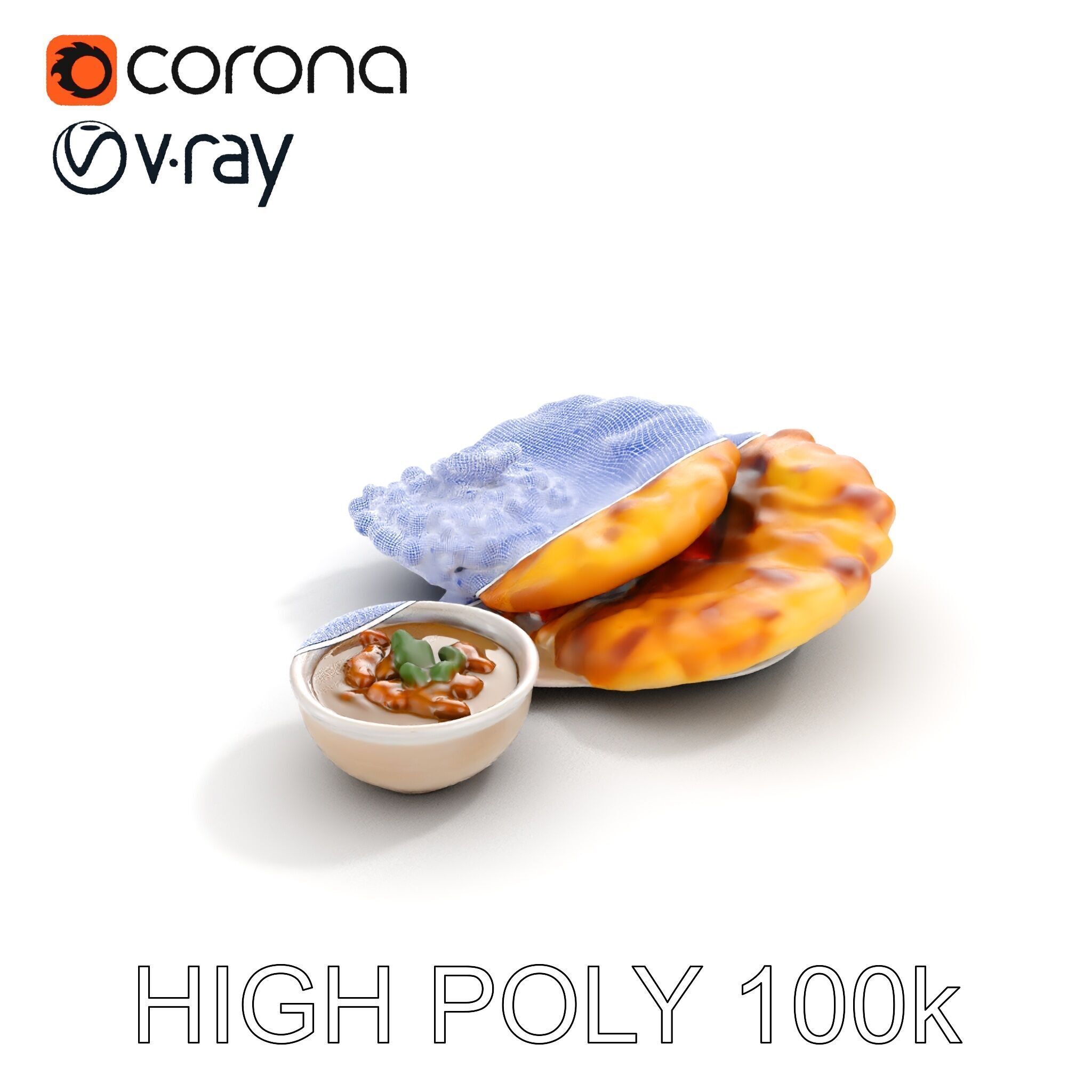 Traditional Indian Cuisine Model Pack with Naan and Curry Low-poly 3D model_36