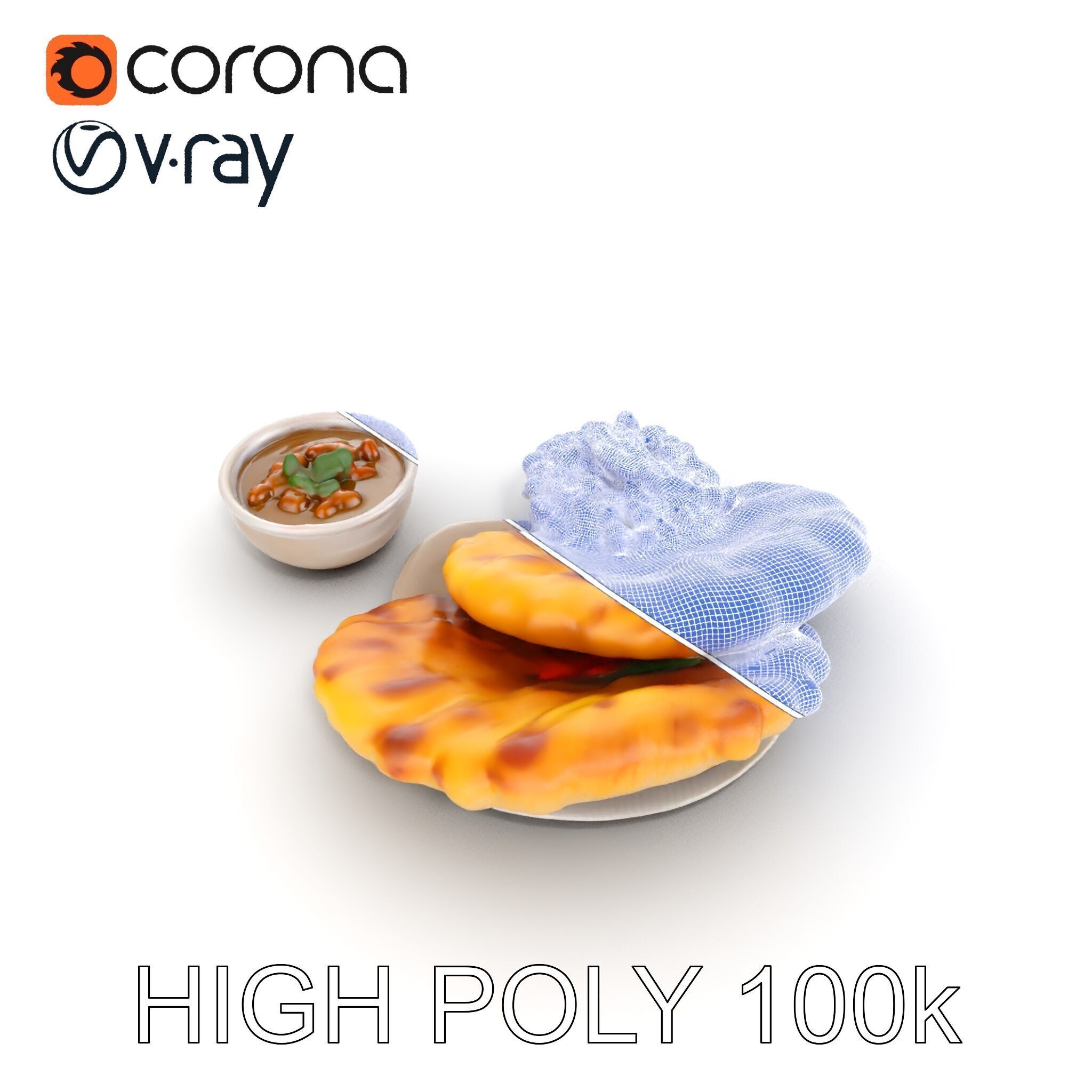 Traditional Indian Cuisine Model Pack with Naan and Curry Low-poly 3D model_33